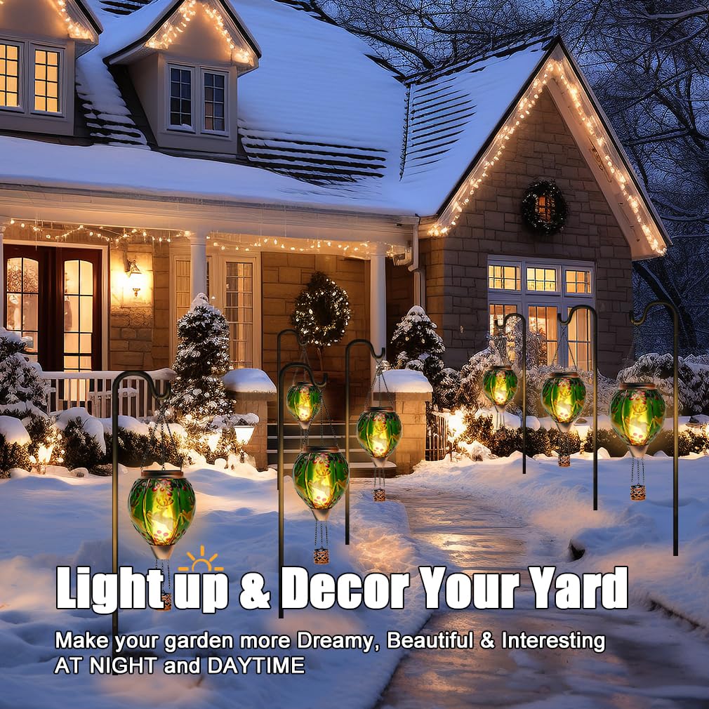 Solar Powered Hot Air Balloon Lantern - Christmas Reindeer Glass Lantern  Simulated Flickering & Dancing Flame  Outdoor Hanging Yard Light Waterproof Ip65 For Patio Lawn Porch Xmas Decor Gift