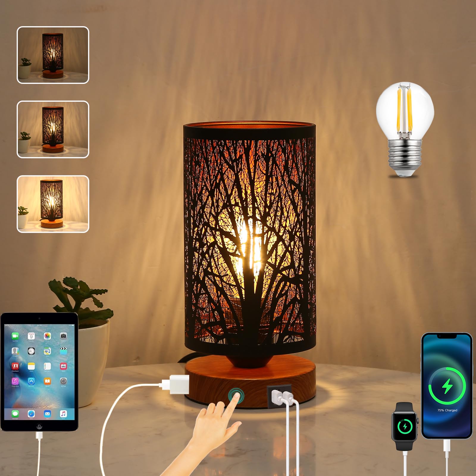 Tingsize Table Lamp for Night Stands, Bedside Lamp with USB Port and Outlet, Touch Lamps for Bedroom, Bed lamp with Metal Shade 