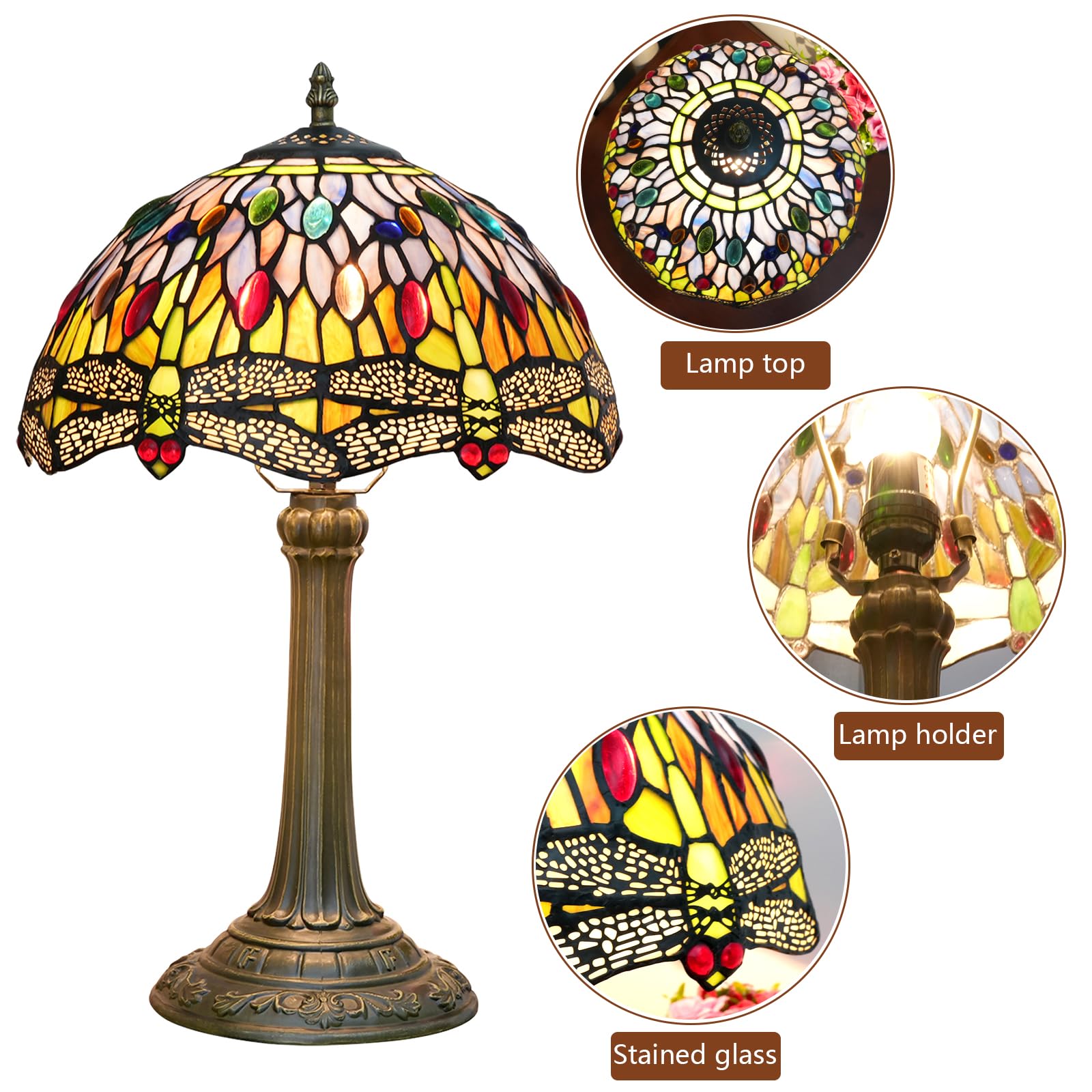 Blivuself Tiffany Table Lamp Yellow Dragonfly Style Stained Glass Lamp Bedside Reading Desk Light 12X12X19 Inches Bedroom Living
