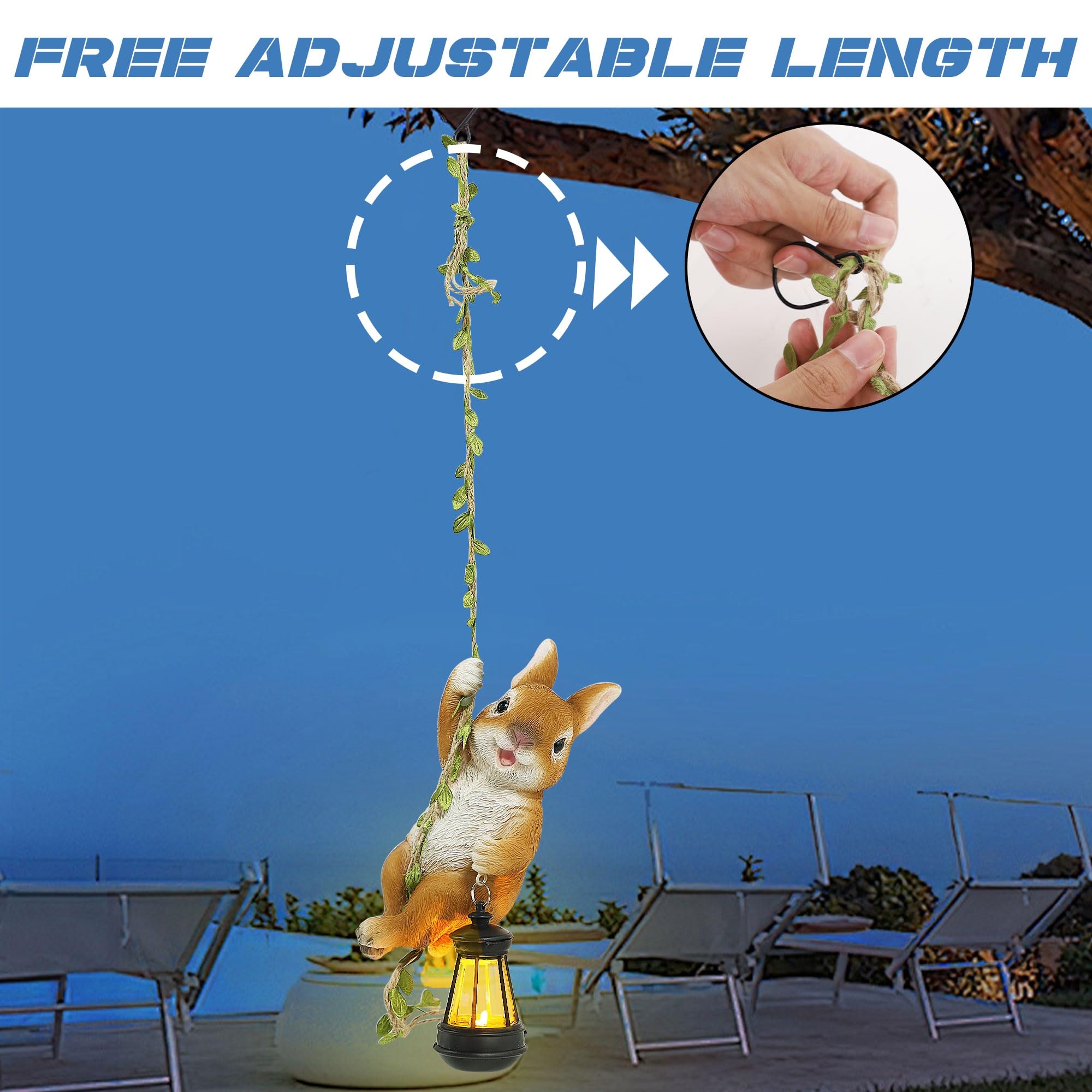 Joliyoou Solar Light Outdoor Statue, Resin Rabbit Climbing on Vine with LED Lantern, 6.9in H, 23.6in L, Waterproof Hanging Figurine