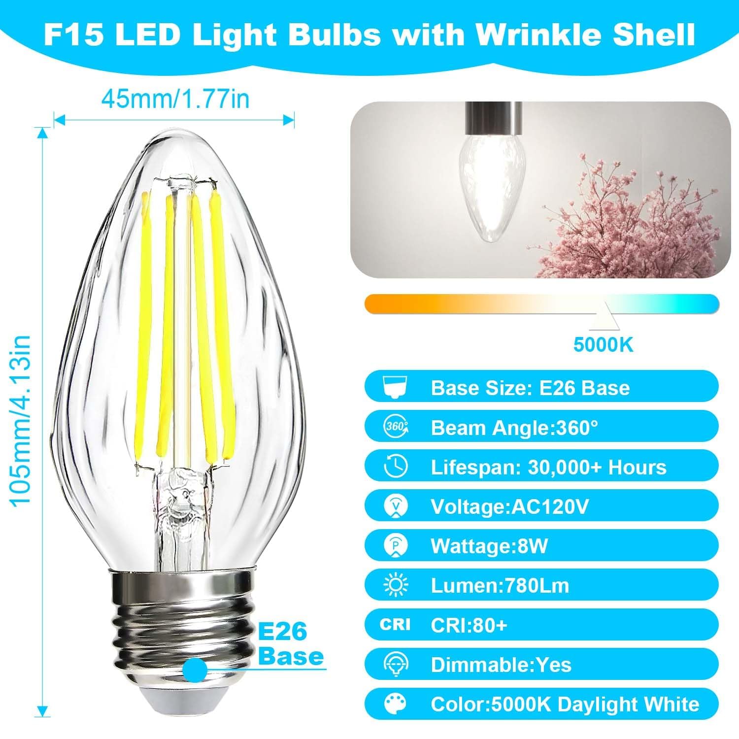 BRIMAX F15 8W LED Light Bulbs, Dimmable, Daylight White 5000K, E26 Medium Base, 4 Pack, Glass