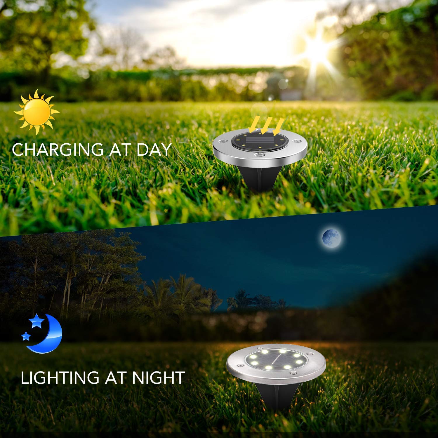 Aogist Solar Ground Lights, 4 Pack LED Garden Disk Lights, Stainless Steel, White, In-Ground Outdoor Landscape Lighting for Lawn & Pathway