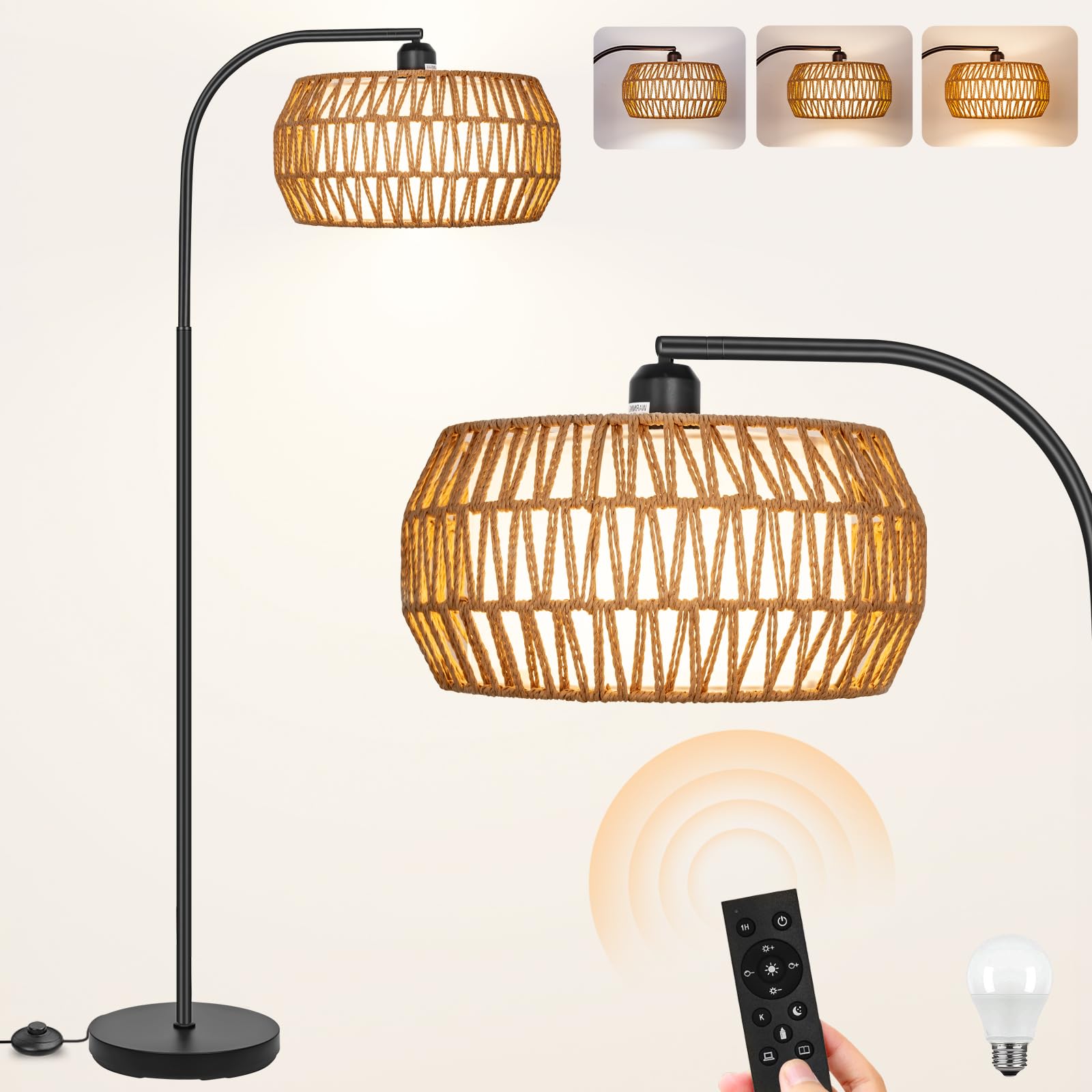 Floor Lamp With Remote, Rattan Standing Lamp With Rattan & Linen Shades, Boho Farmhouse Standing Lamps With Stepless Dimmable Bulb, Black Metal Base Rattan Lamp For Living Room, Bedroom, Office