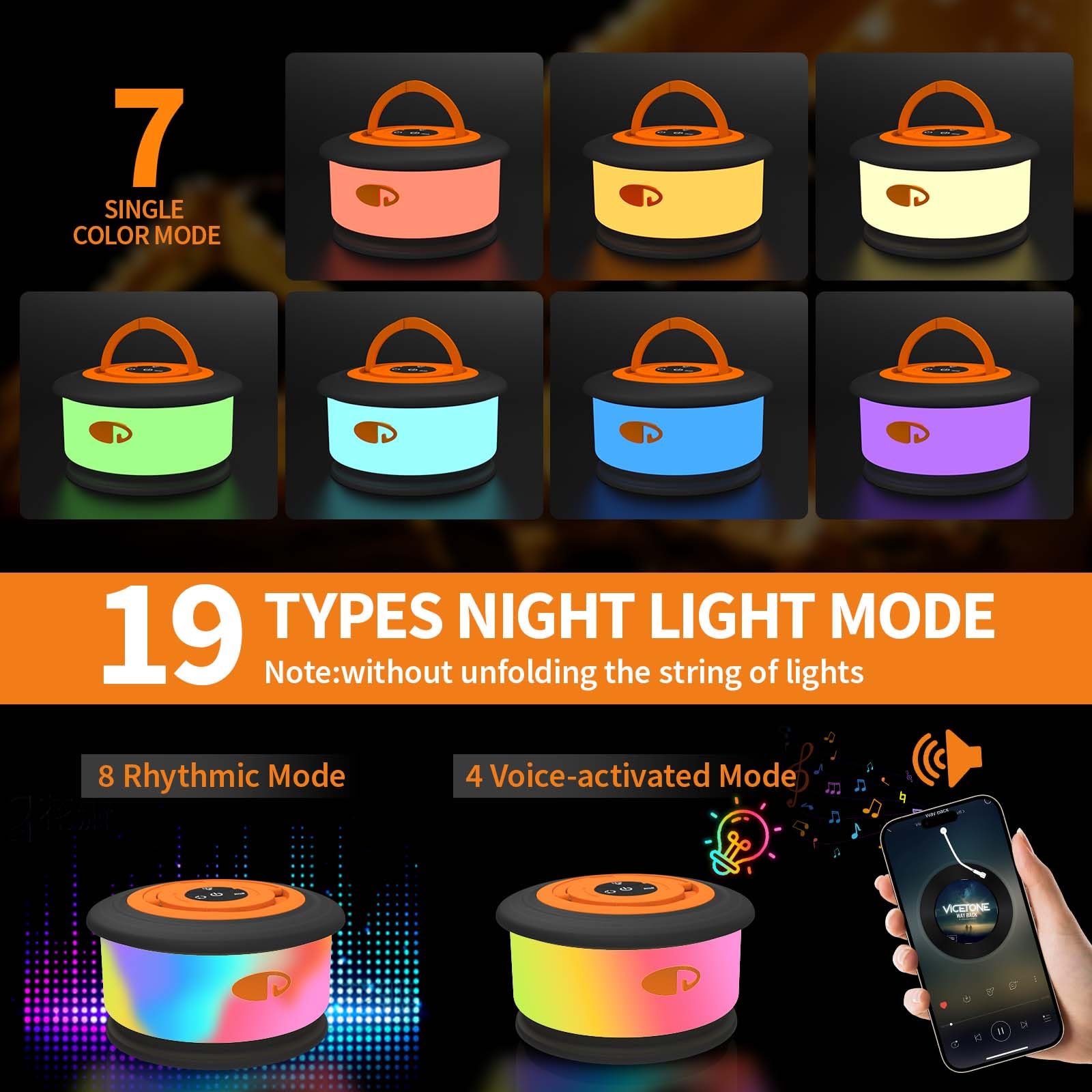 TOHETO Camping String Lights, 3 in 1 RGB Lantern, 19 Lighting Modes, 32.8 FT, Rechargeable, Black&Orange, Model JSK-L26