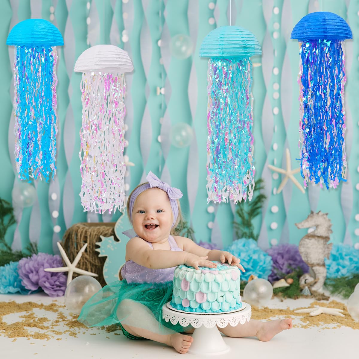 Yunxuan Mermaid Party Decorations, Jellyfish Paper Lanterns Blue White Hanging Lantern For Mermaid Birthday Party Baby Shower Un