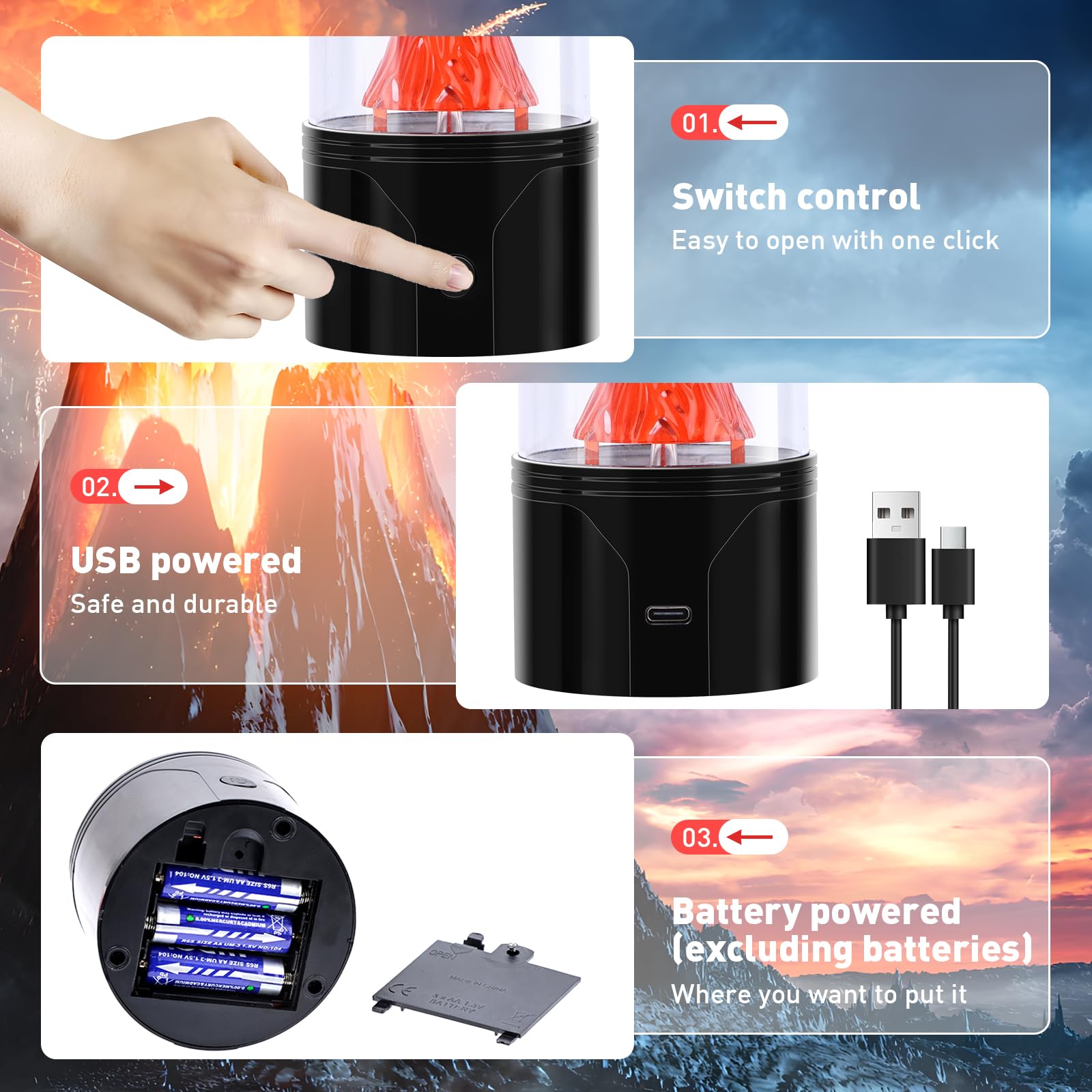 SENCU Volcano Lamp - Realistic Eruption Night Light, USB/Battery, Black, Model: Volcano Lamp-00698y, Ideal for Kids & Adults