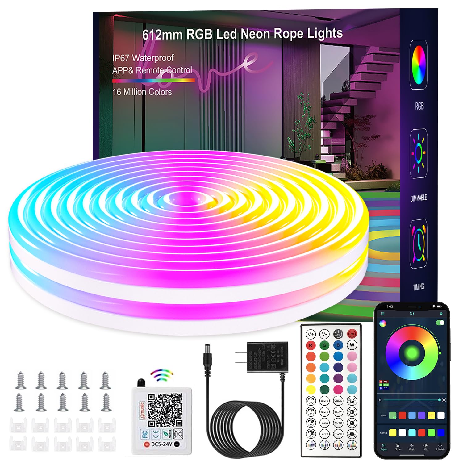 YILINM 16.4FT Neon Rope Lights,RGB LED Strip Lights,App Control,IR Remote,Music Syncing,Outdoor IP67 Waterproof,Flexible Led Rop