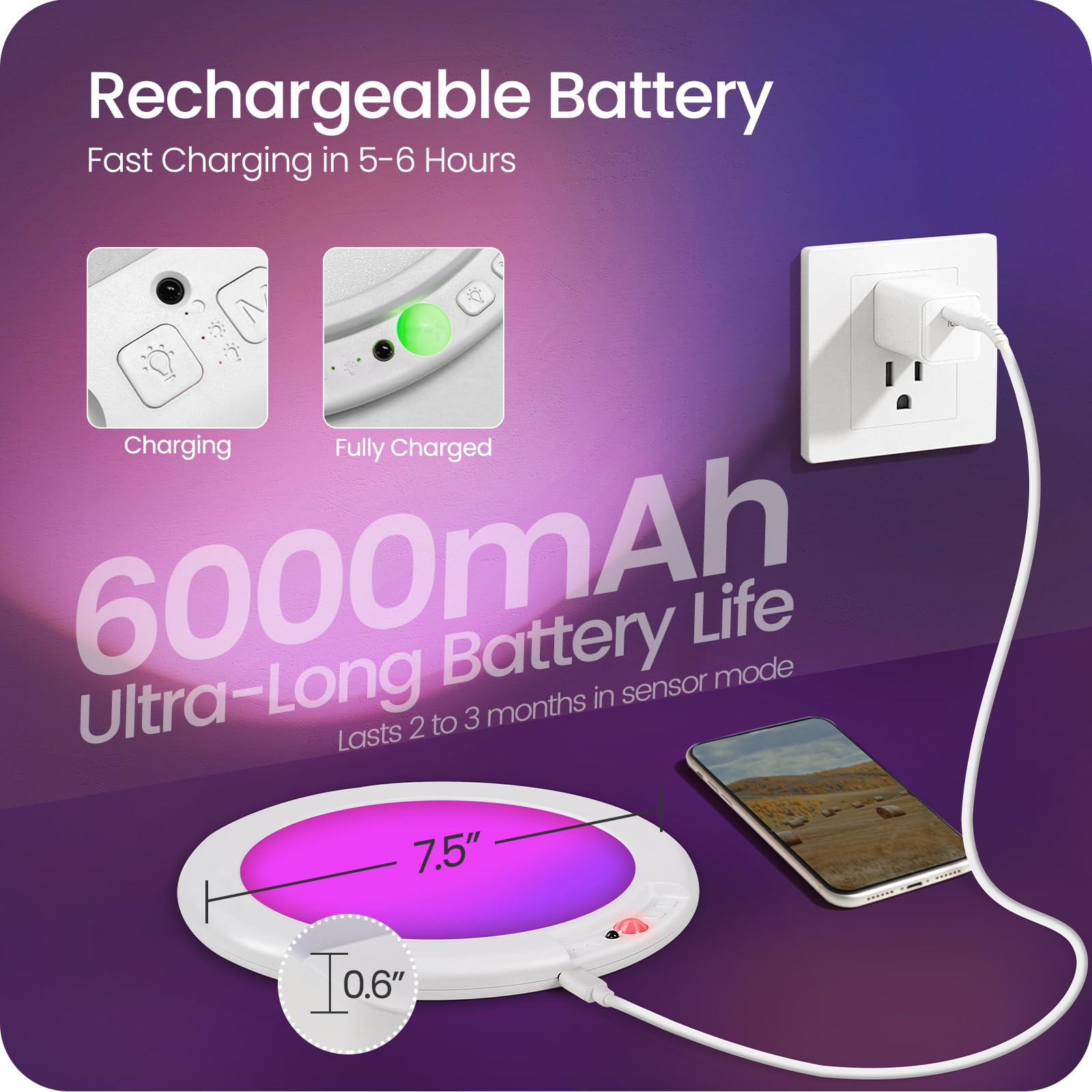 Goebleson Rechargeable Motion Sensor Ceiling Light With Remote, Rgbw Led Wireless Ceiling Light Fixture, Diy Colors, Color-Chang