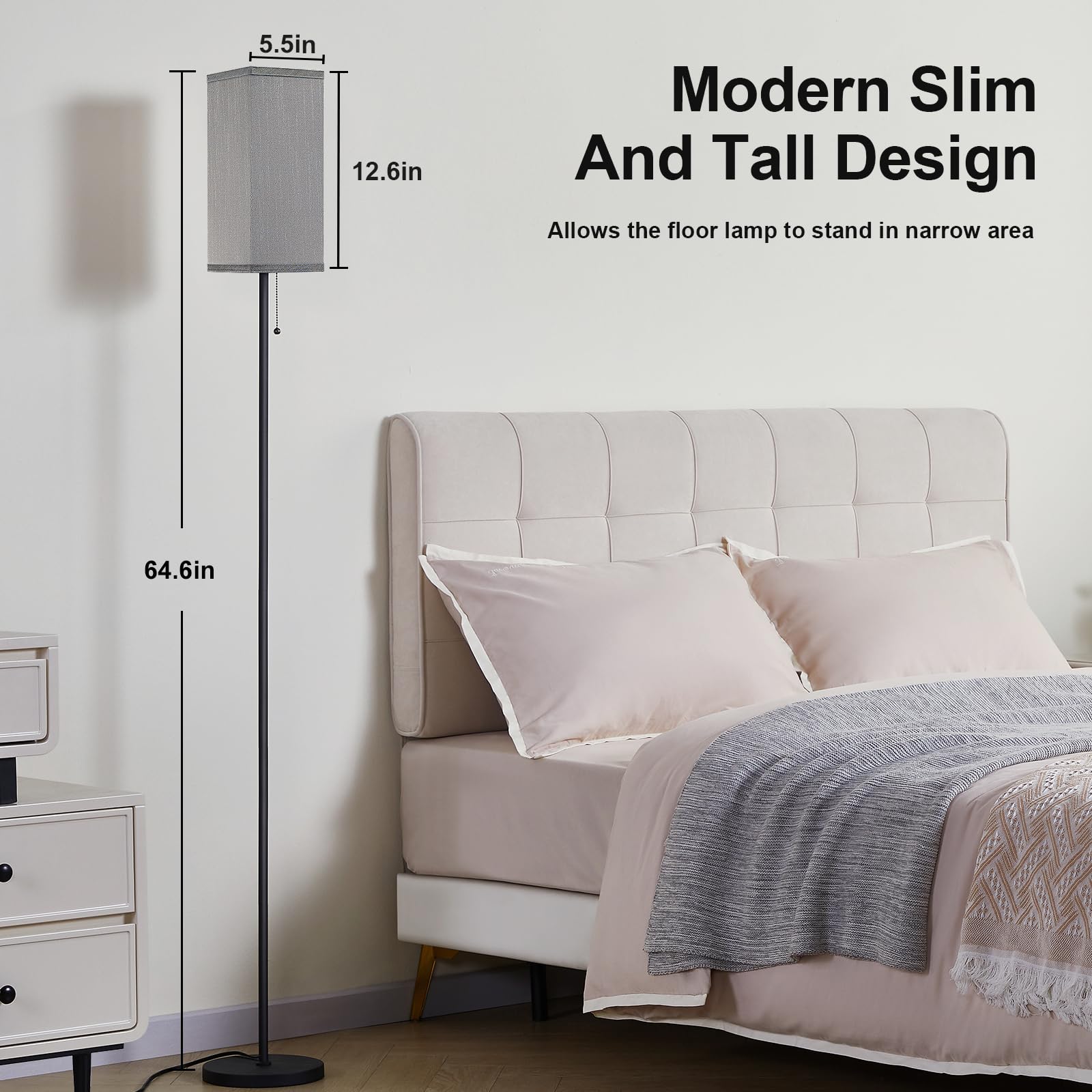 Ziisee Grey Floor Lamp For Bedroom Modern - 3 Color Temperature Black Standing Lamps With Pull Chain Switch, Tall Lamp For Offic