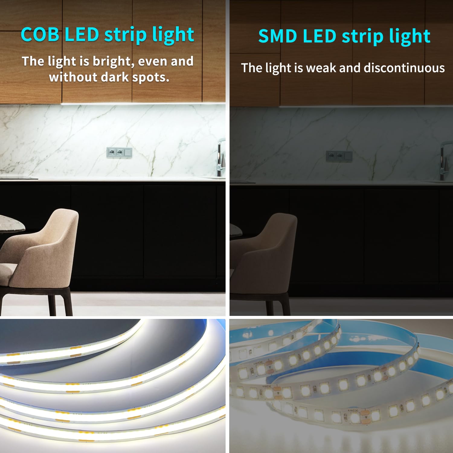 Yeewhale Cob Led Strip Lights 6000K 65.6Ft Dc 24V Dimmable White Flexible Led Tape Light For Bedroom, With Remote And App Contro