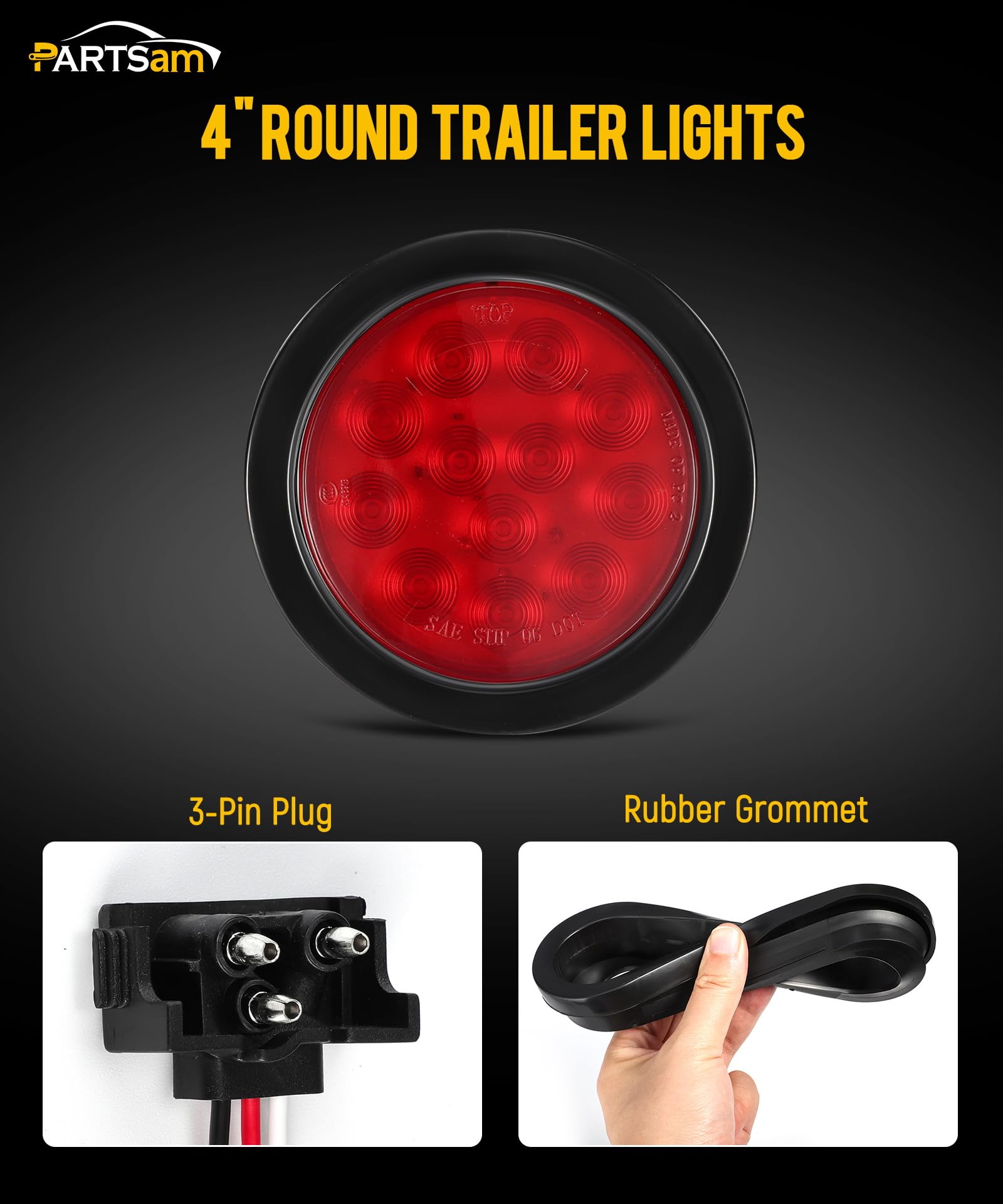 Partsam 4Pcs 4 Inch Round Led Trailer Tail Lights Kit Red 12 Led Waterproof 4'' Brake Stop Turn Tail Marker Trailer Lights Seale
