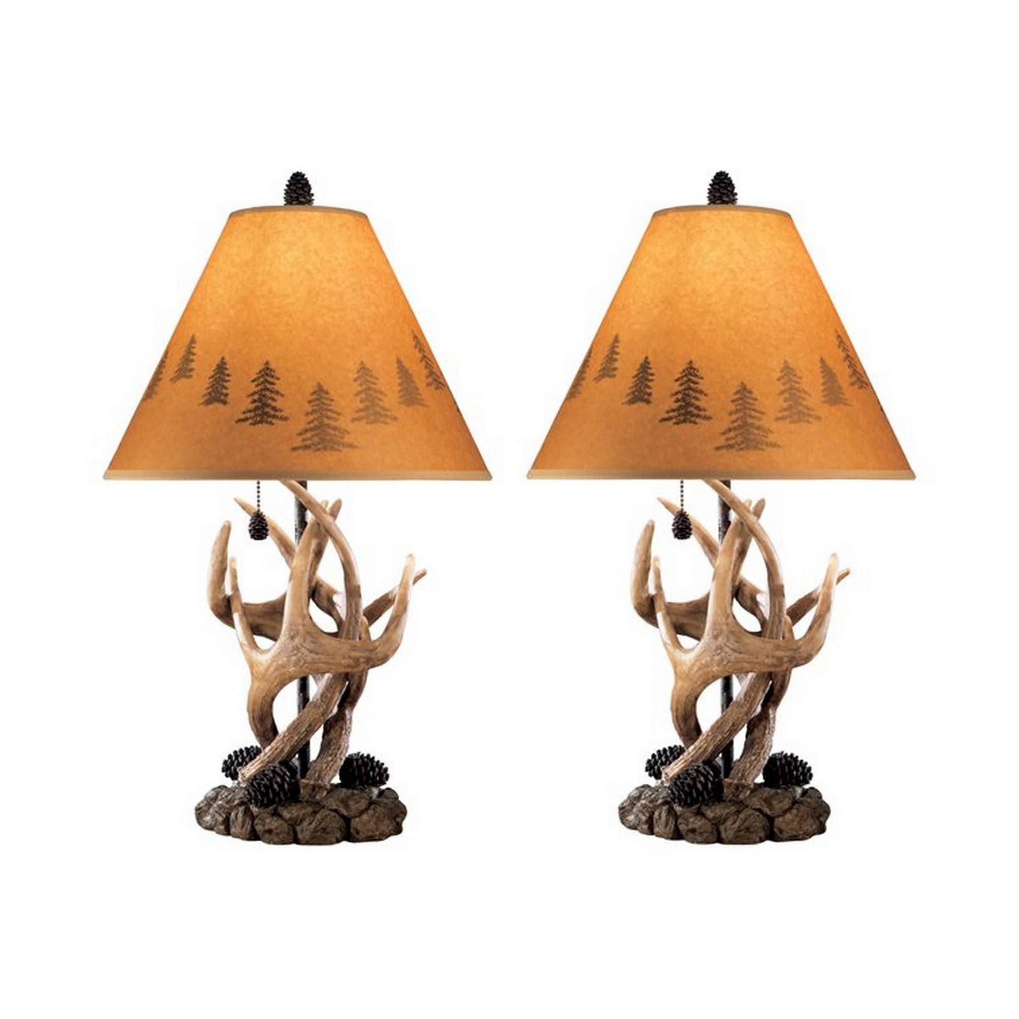 Benjara Resin Body Table Lamp With Antler And Pinecone Design, Set Of 2, Brown