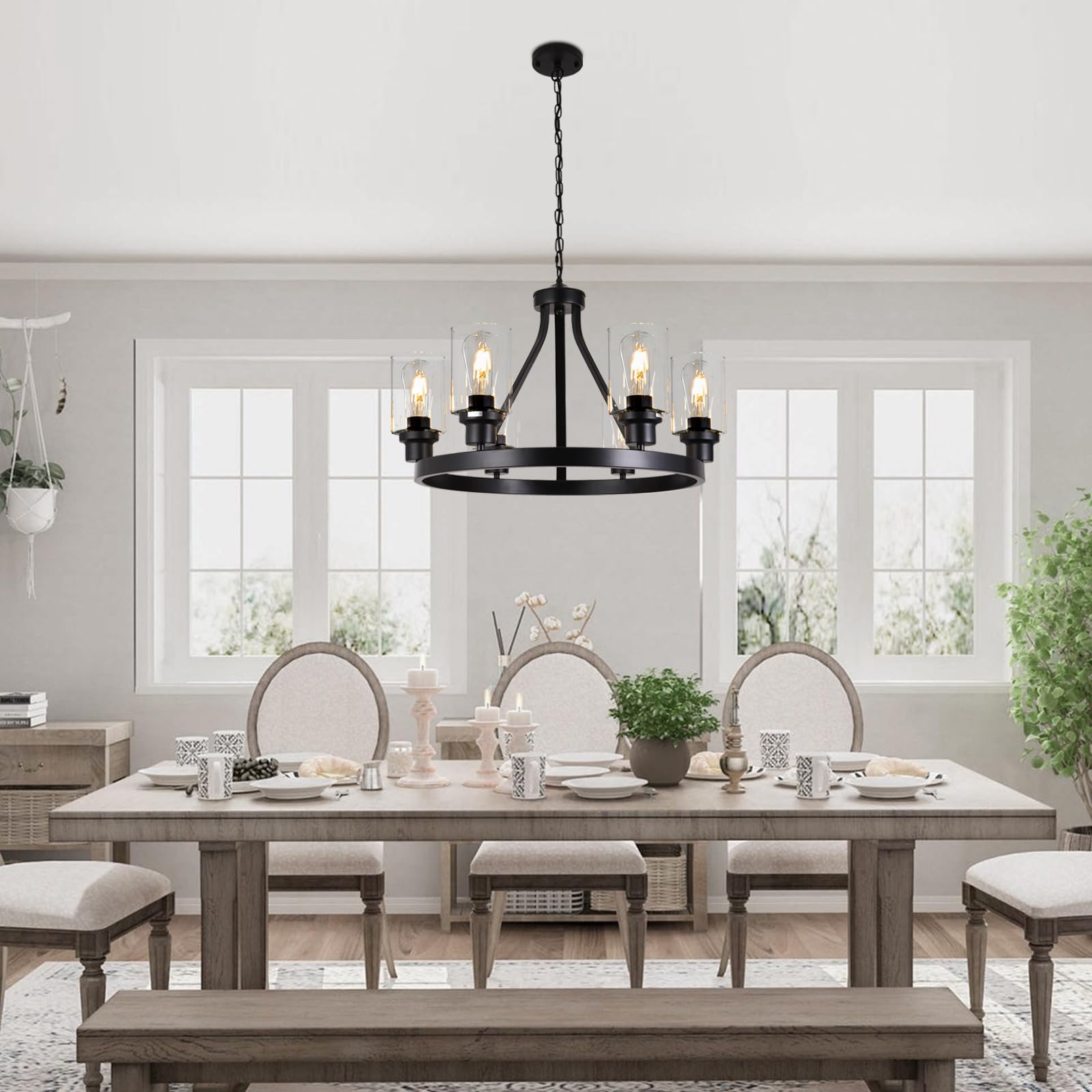 Lanhall 6-Light Farmhouse Chandelier, Black Metal, Adjustable Height, Glass Accents, Modern Rustic Lighting for Dining Room and Kitchen Island