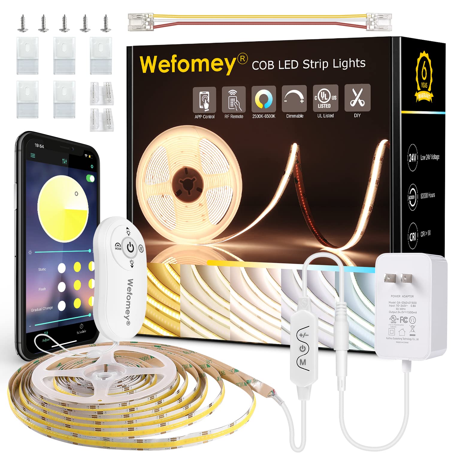 Wefomey Cob Led Strip Light Warm White To Cool 2700K-6500K  16.4Ft Bright White Cob Light Strip With Remote & App  24V Ul Listed 3200Leds Cob Led Lights For Under Cabinet  Kitchen  Indoor Lighting