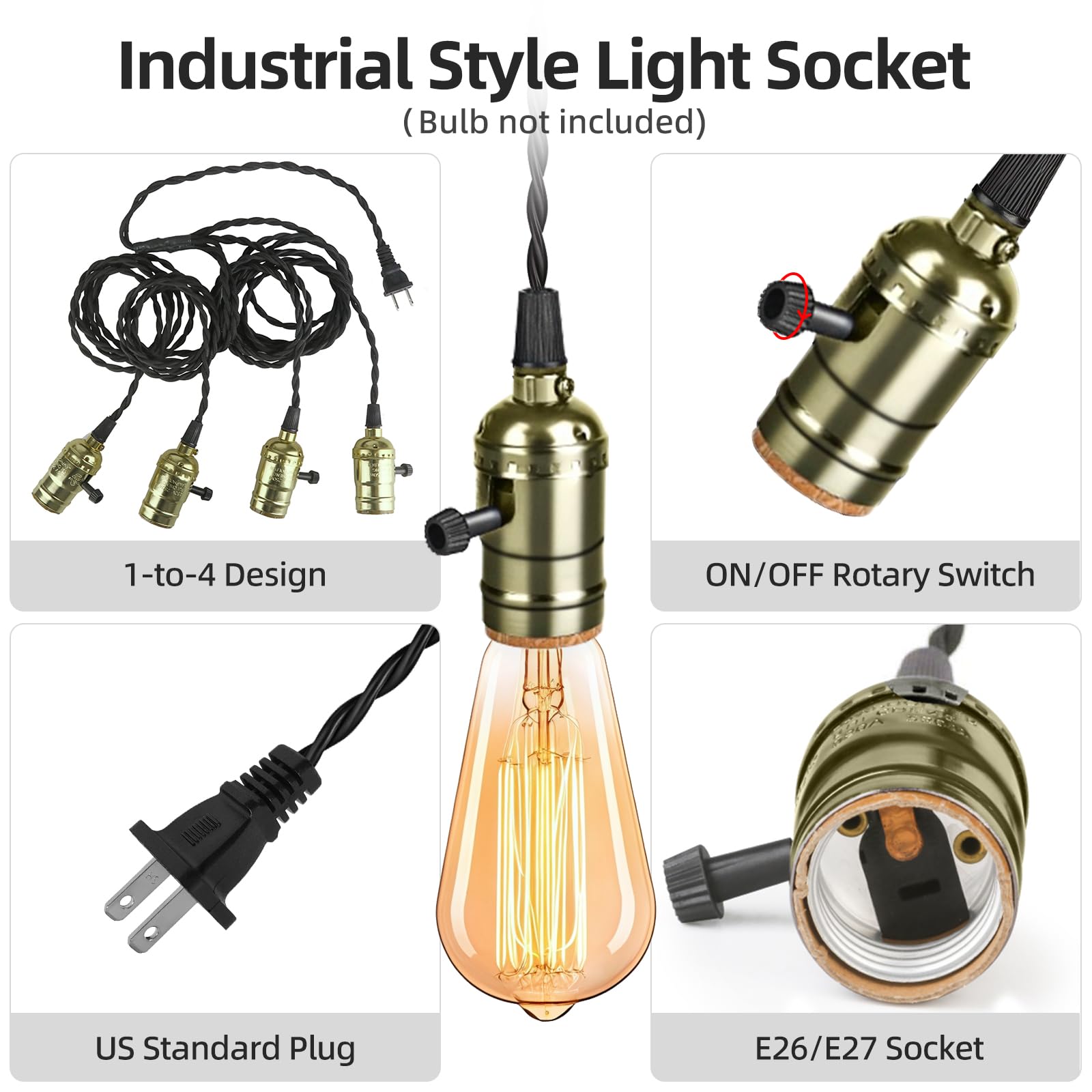 Aokpsrt Vintage Plug-in Pendant Light Kit, 4 E26/E27 Sockets, Metal, Bronze, JD-120, DIY Industrial Lighting for Living Room & Patio