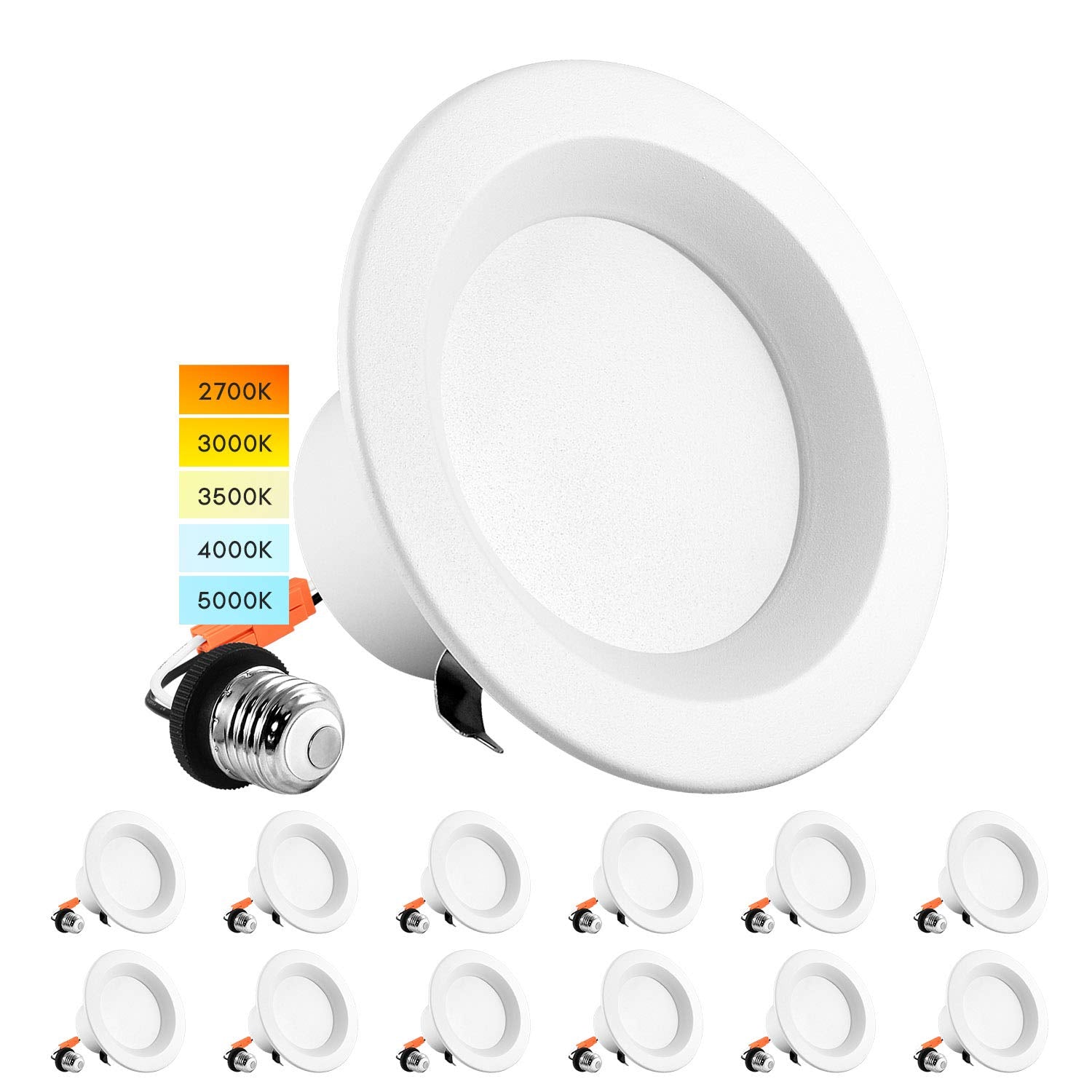 LUXRITE 4 Inch LED Recessed Can Lights, Dimmable, 750 Lumens, 12 Pack, 5 Color Temperature Selectable, ETL Listed