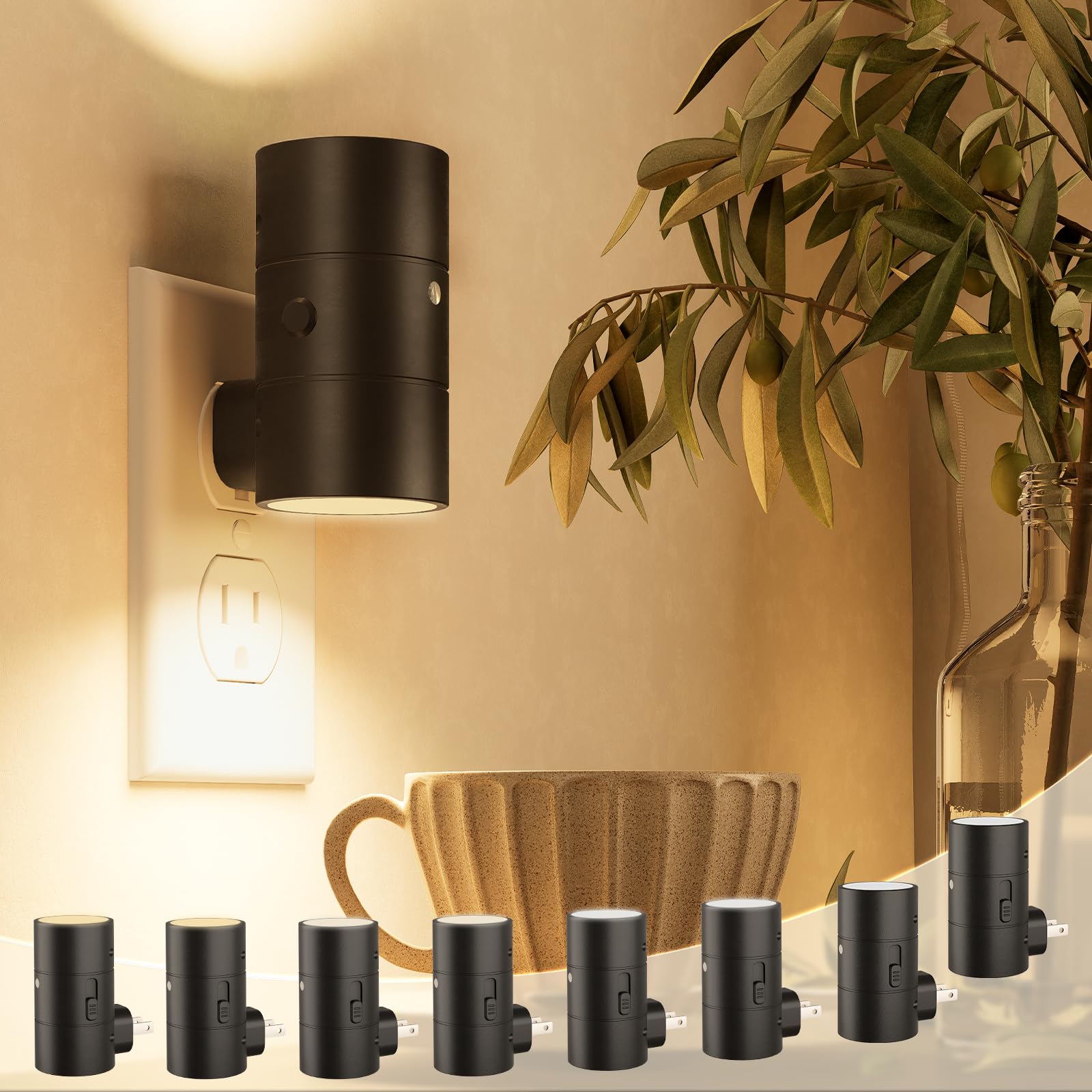 NIORSUN Dimmable LED Night Light, Ultra-Slim, Dusk to Dawn Sensor, 0-100LM, 8 Pack, Black, Model LH-XYD001