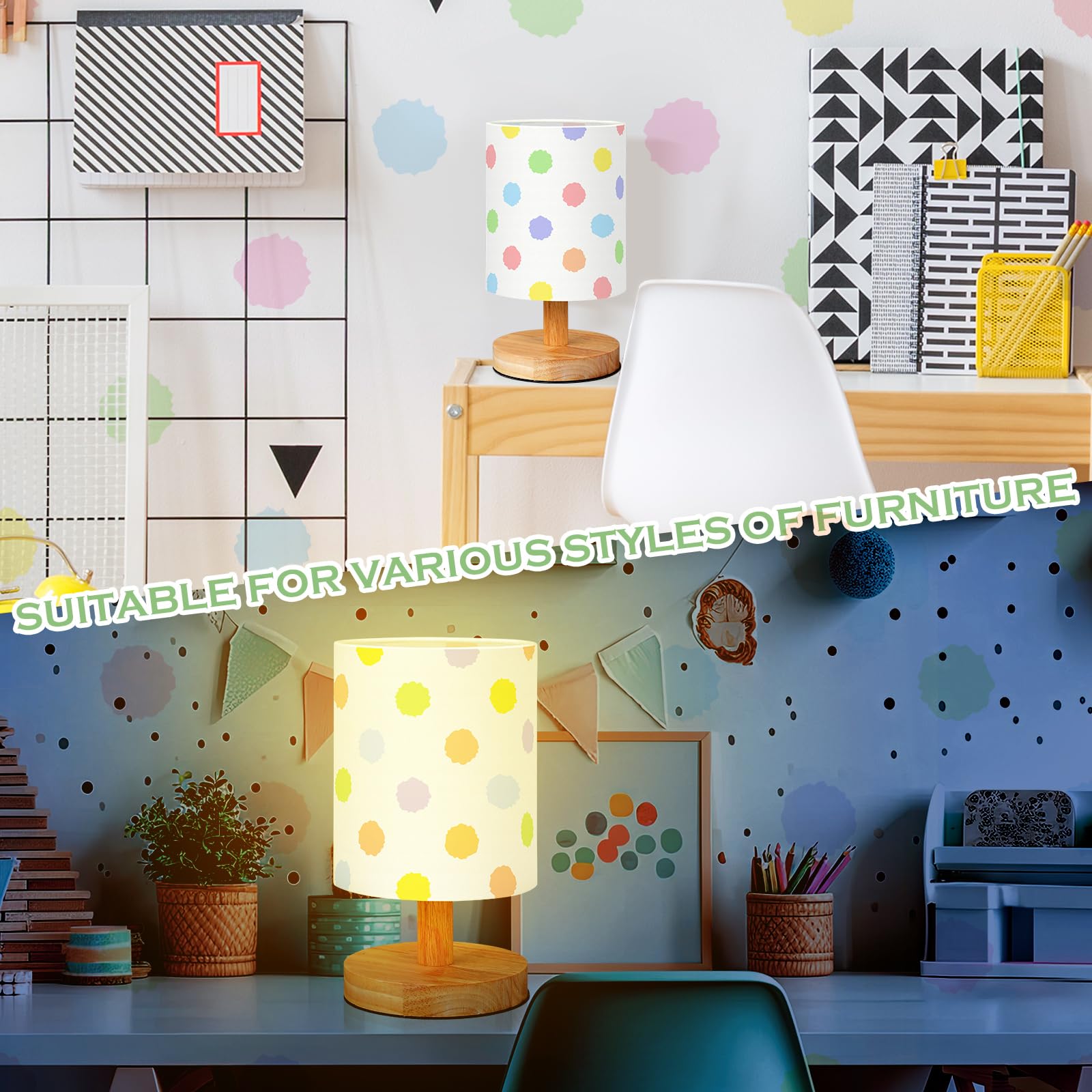 Vihose Polka Dot Table Lamp For Bedroom Kids Bedside Lamp With Linen Wooden Nightstand Lamp Cartoon Nursery Lamp Lampshade For G