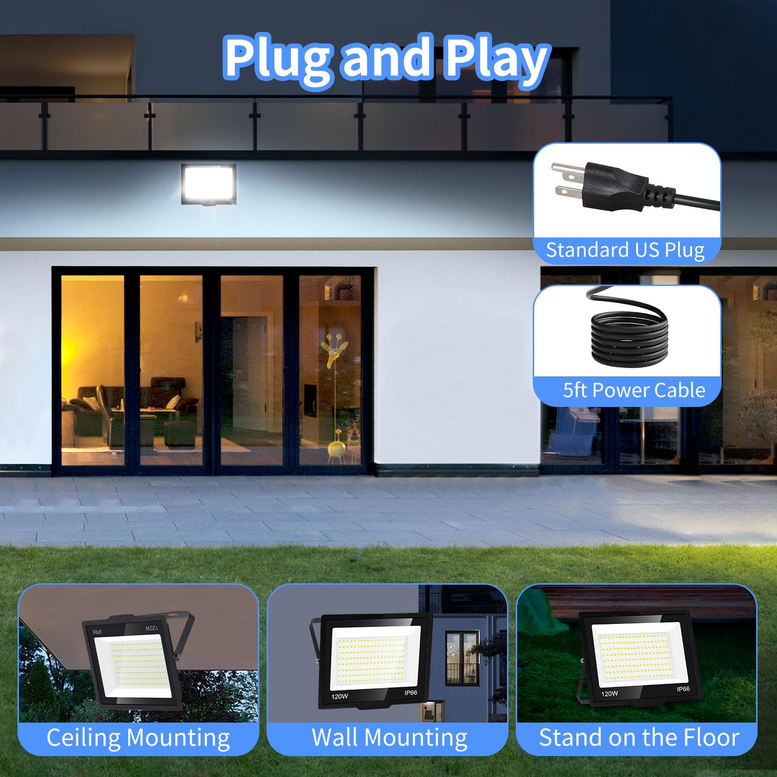 ISUERFY 120W LED Flood Light Outdoor, IP66 Waterproof, 14400Lm, 5000K Daylight White, 2 Pack, Black, Model SUER-FL120W