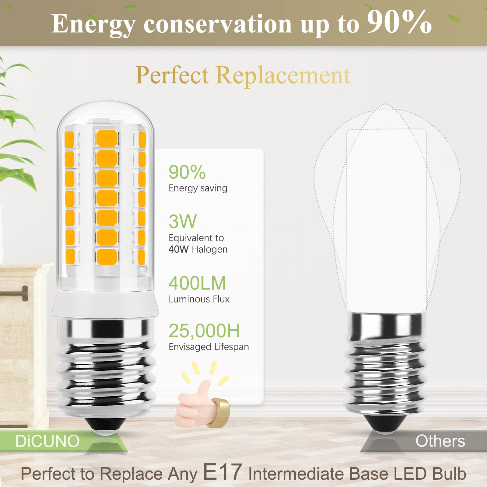 Dicuno E17 Led Bulb Dimmable, Microwave Oven Bulbs, 2700K Warm White, 3W (40W Halogen Replacement) 400Lm 120V, E17 Intermediate