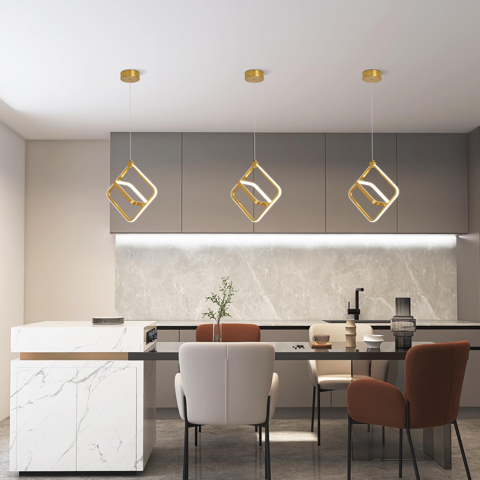 Bnhhlz Modern Led Chandelier Gold Rectangular Pendant Light Fixtures 4000K 20W Dimmable Height Adjustable Pendant Lighting For Dining Room Kitchen Island Bedroom Living Room Foyer(1-Pack)