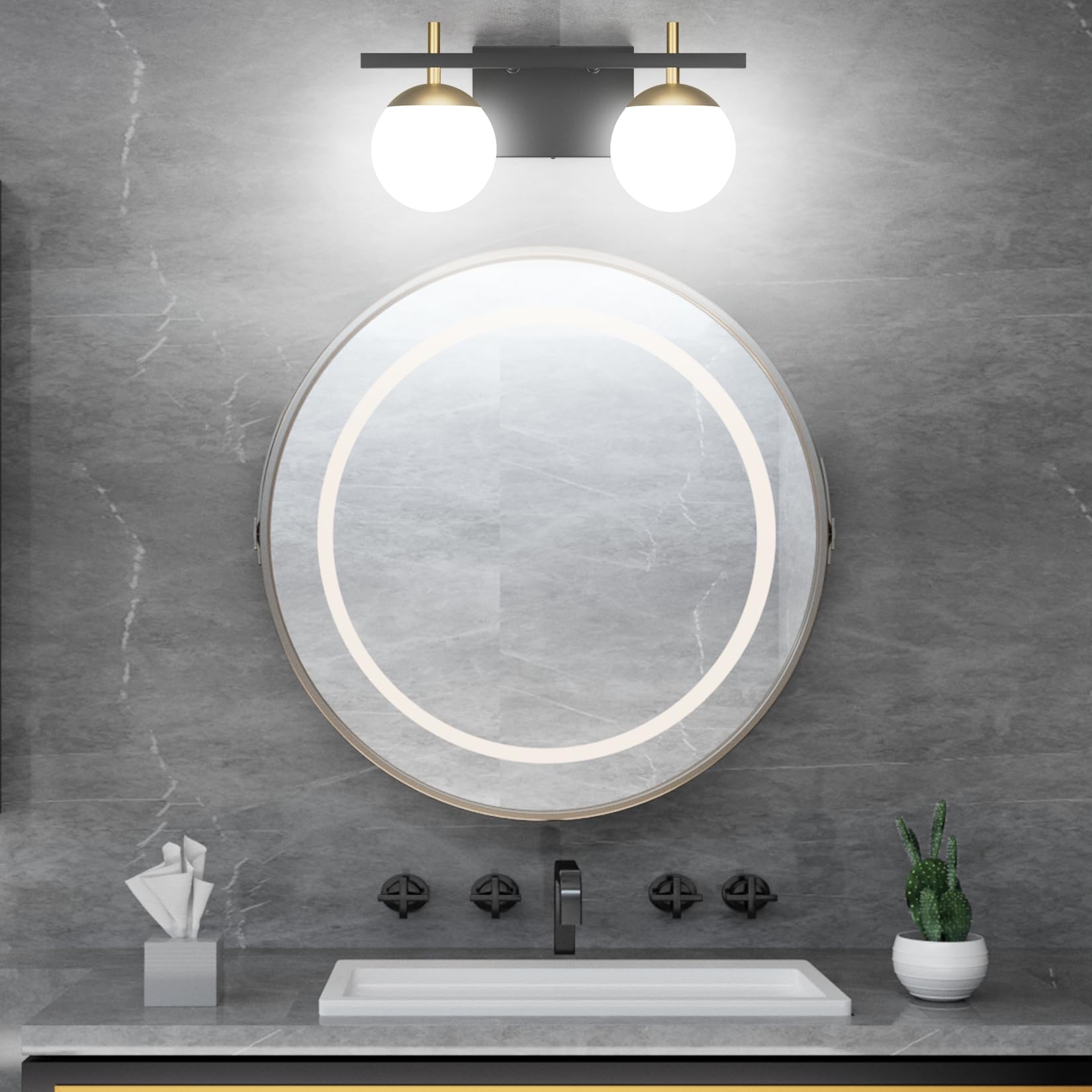 Ralbay 2-Light Bathroom Vanity Light, Mid Century Modern Black/Gold, Aluminum with Milky Glass Balls, Model 1100