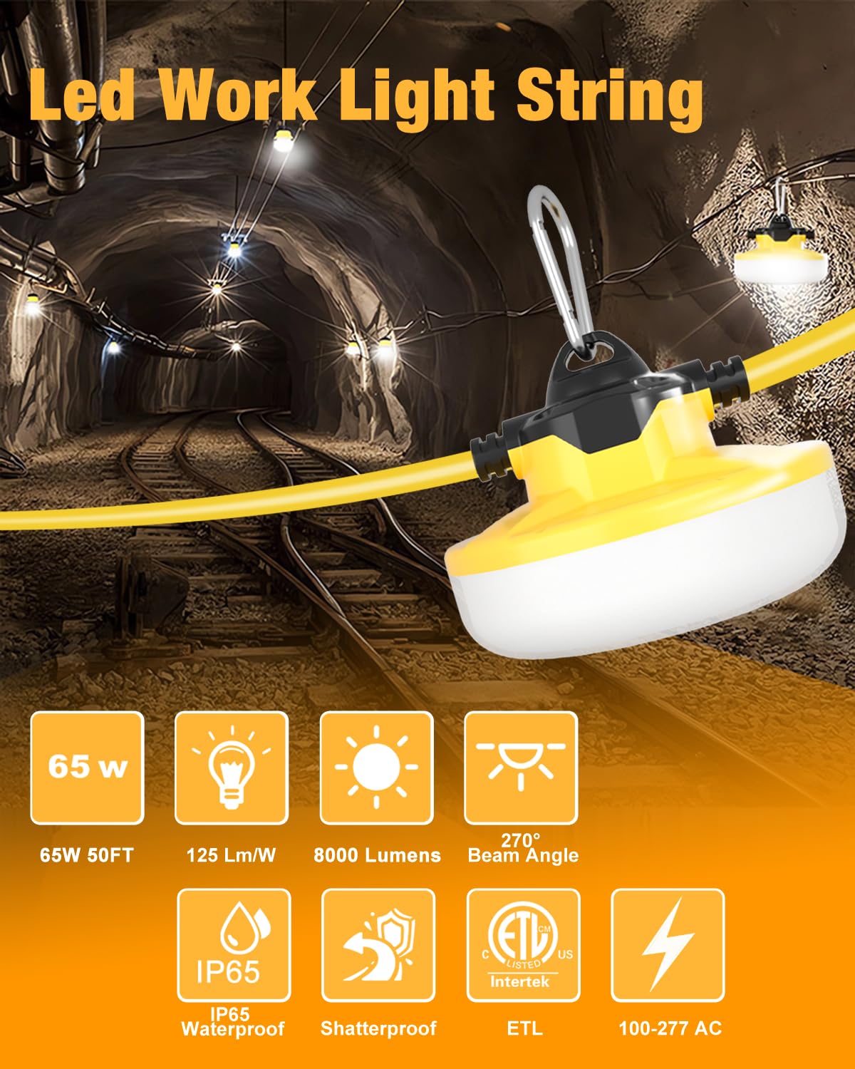 Jc-Lgl Led Construction String Light 50Ft, 65W 8000Lm Industrial Led String Work Lights With 5 Bulbs, 5000K Linkable Work Lights