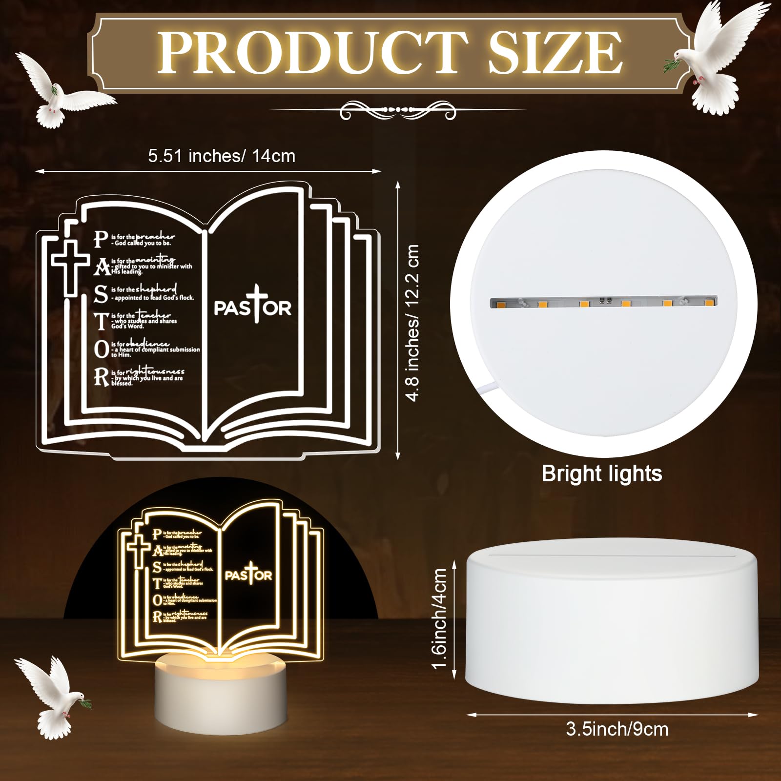 Kosiz 4 Pcs Pastor Appreciation Gift Led Night Light Christmas Christian Gifts Engraved Thank Clergy Sayings Acrylic Lamp With Base Religious Decor Men Women Clergy Staff Retirement (Stylish Pastor)