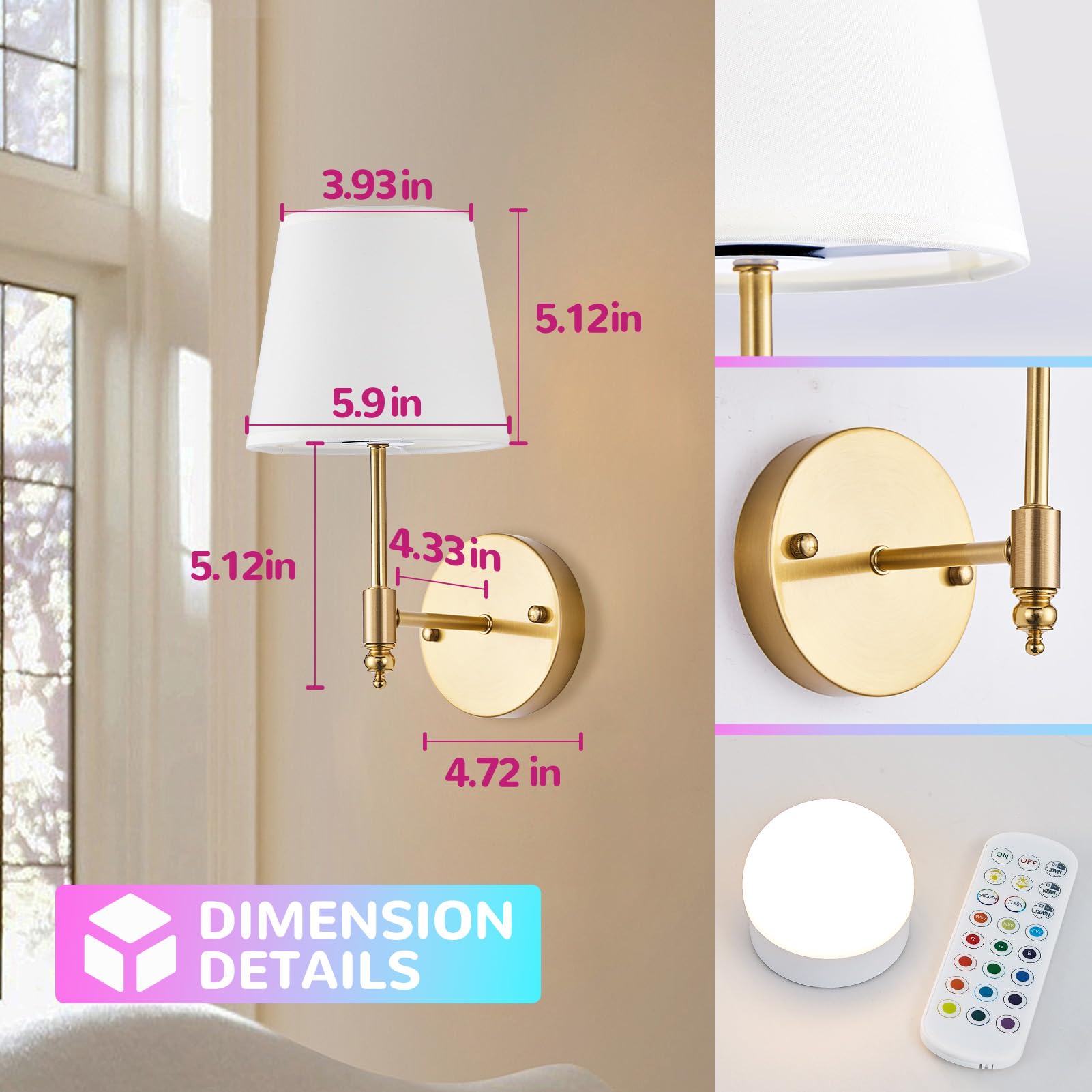 PXFLCRY Battery Operated Wall Sconce Set of 2,Gold Wireless Wall Light with Remote Control,RGB Dimmable Wall Sconces Set of Two