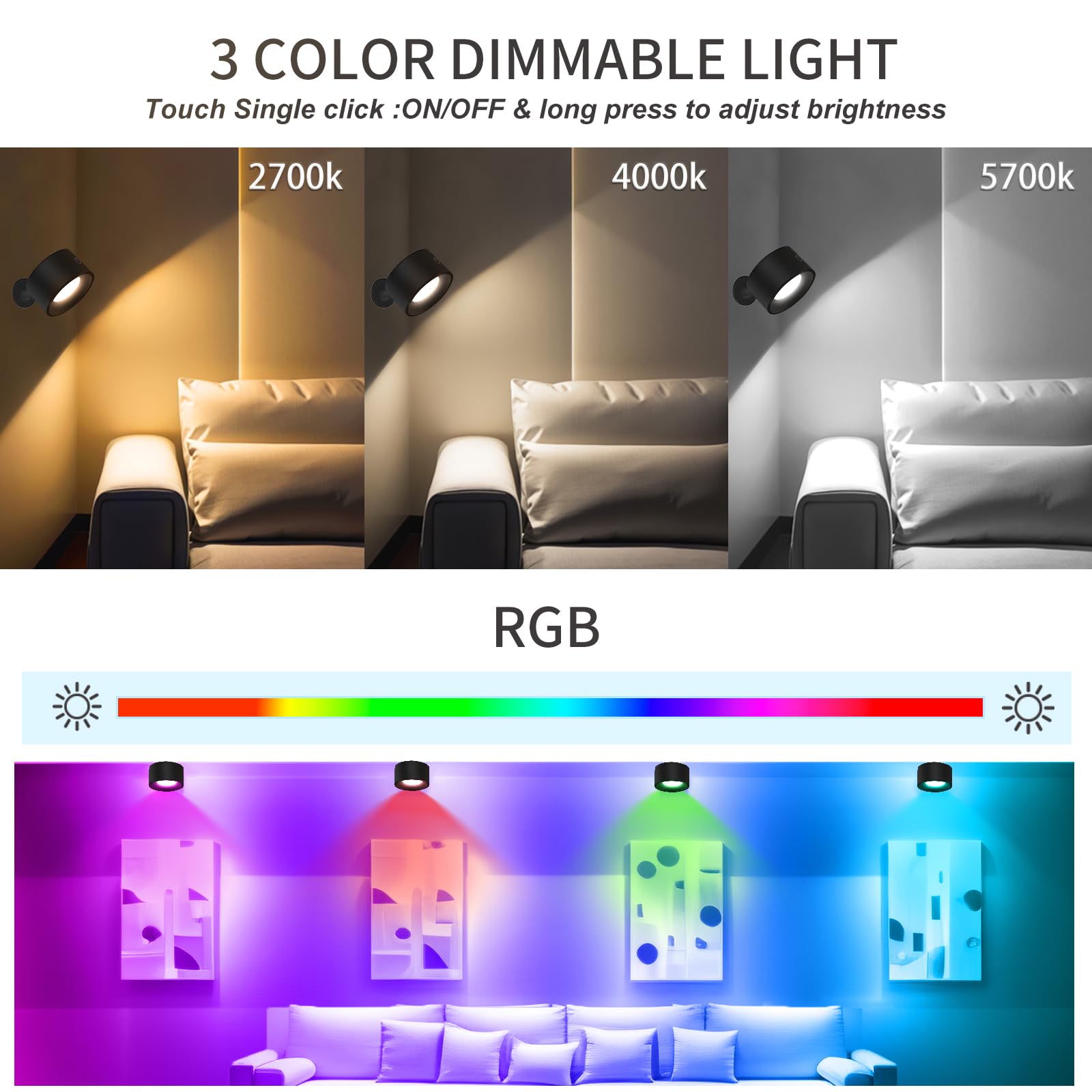 Adetu 2 Pcs Led Wall Mounted Lights, Rgb Wall Sconces Lamp With Rechargeable Battery Operated Usb Port, 3 Color Temperatures & D