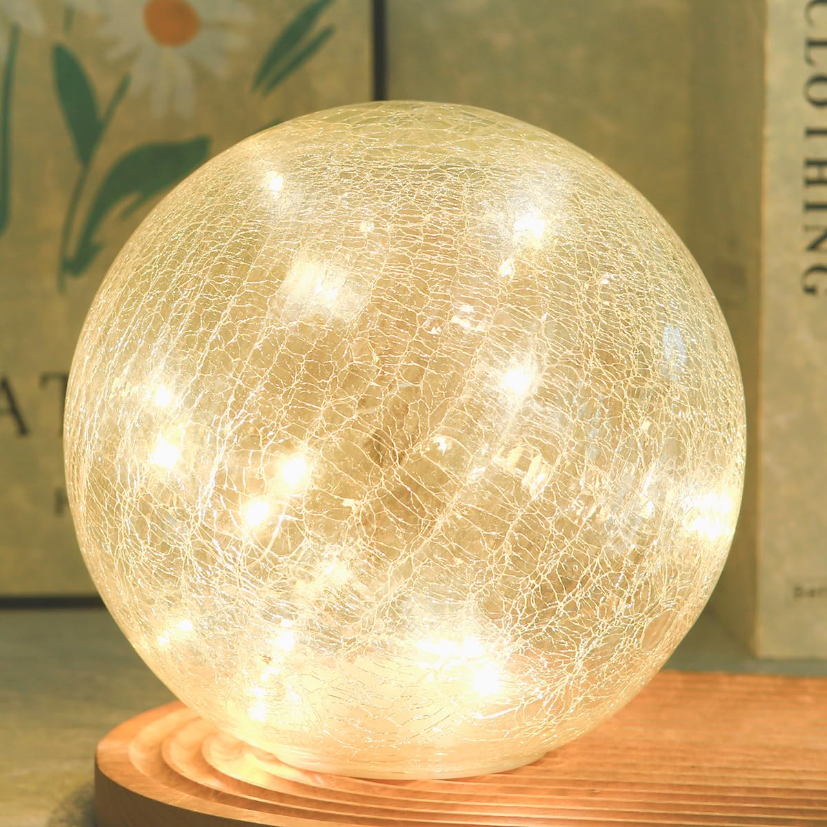 Crackle Globe LED Lamp Battery Operated with Timer, Lighted Glass Orb for Living Room & Festival Christmas Decoration, Indoor Glowing Night Light Sphere Table Lamp for Mother's Gift, Glass Ball Light