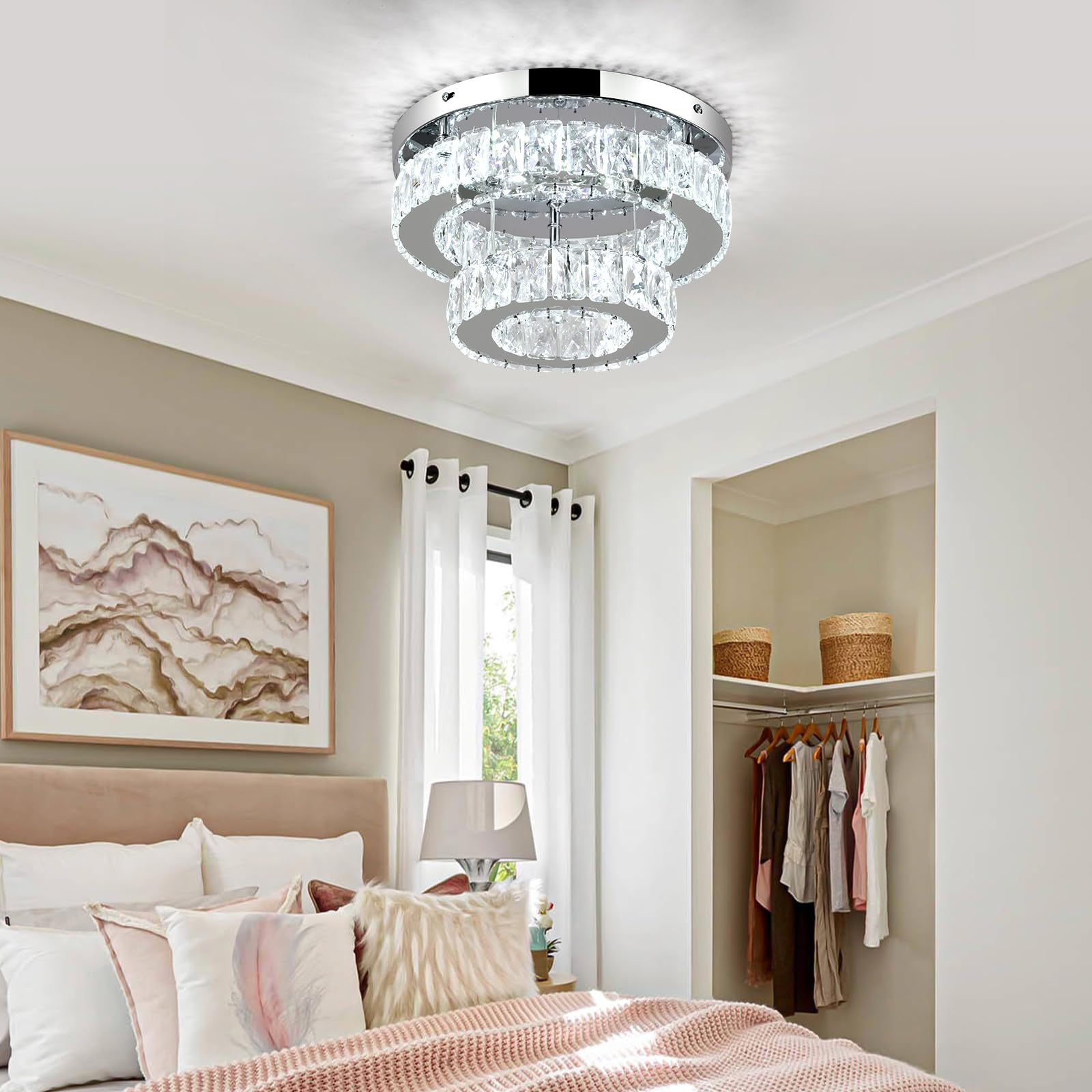 Leontyne 11.8 Inch Dimmable Modern Crystal Chandelier 2-Layer Round Crystal Led Ceiling Light Flush Mount Chandelier Fixture For