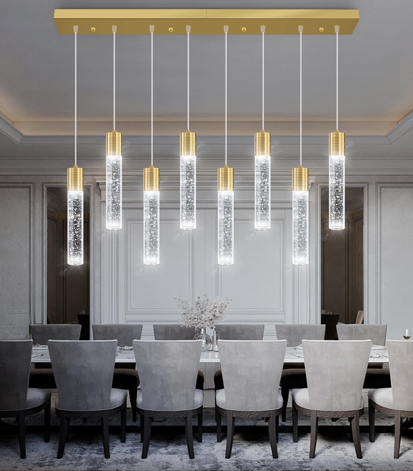 dolria 8-Lights Modern Crystal Chandelier - Metal LED Pendant Light for Kitchen, Dining Room, Hallway - Gold Finish, Model PC0019-CT-8G