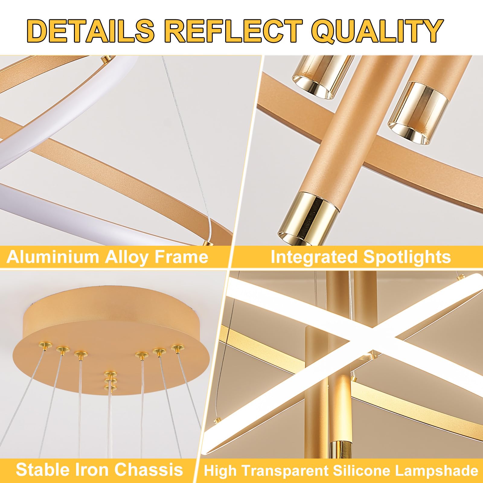 ORANOOR LED Gold Dimmable Chandelier, 24in, Aluminum, Model OR-7703G, 5250lm, 2 Ring Design for Dining Room and Living Room