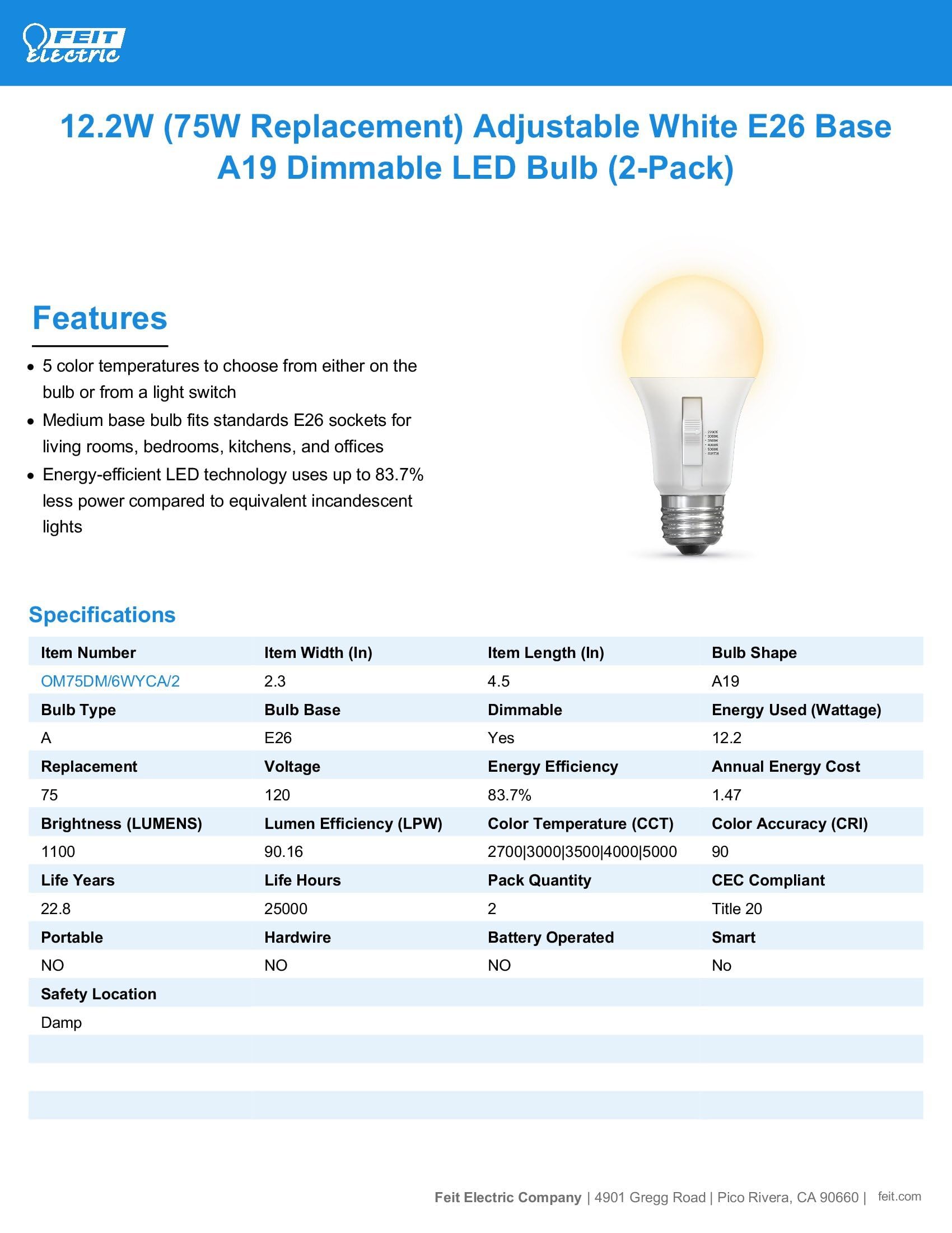 Feit Electric A19 LED Light Bulb, Dimmable, 75W Equivalent, 1100 Lumens, 6-Way Color Selectable, Damp Rated, 2 Pack, OM