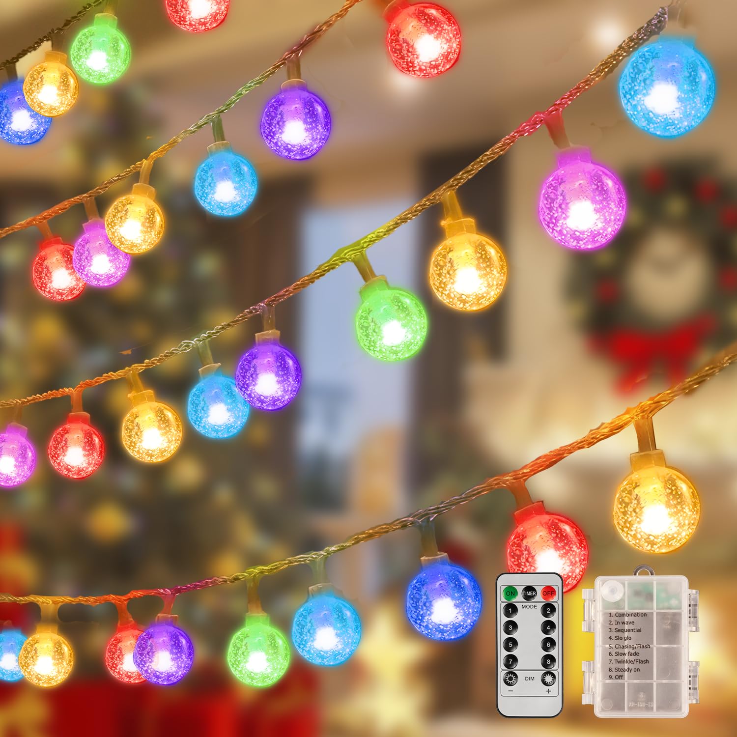 XZAI Globe Fairy String Lights, 33Ft 100LED Battery Operated with Remote, IP67 Waterproof Indoor Outdoor Hanging Crystal Beads f