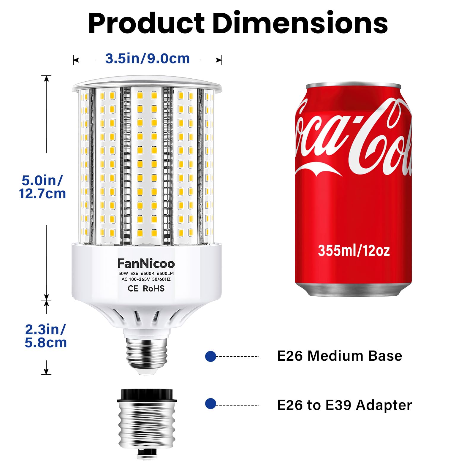2 Pack 600W Equivalent Led Corn Bulb 6500 Lumen Super Bright E26/E39 Base Led Bulbs 6500K Daylight White 50W Corn Garage Light B