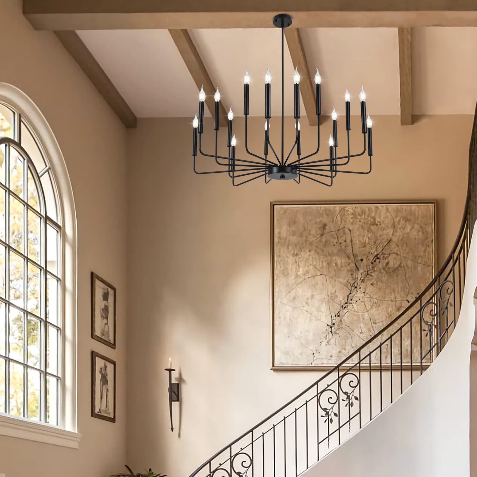 Woknos Modern Black Farmhouse Chandeliers, 16-Light Industrial Metal Chandelier Lighting, Classic Candle Hanging Pendant Light F