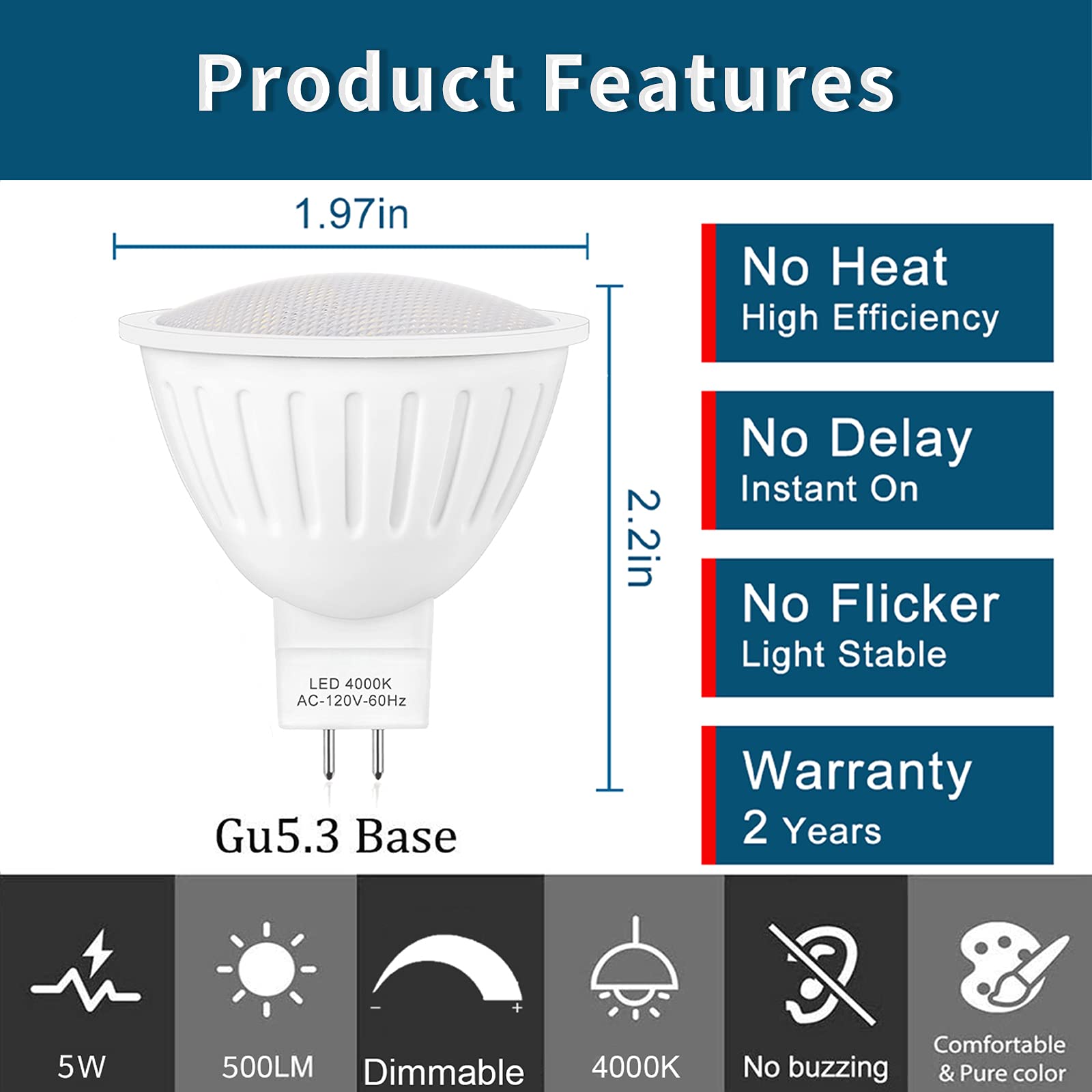 Agreement.Light 5W Mr16 Led Dimmable,4000 Kelvin Natural White,120-Volt,50W Halogen Equivalent, Gu5.3 Bi-Pin Base, 500Lm 120 Bea