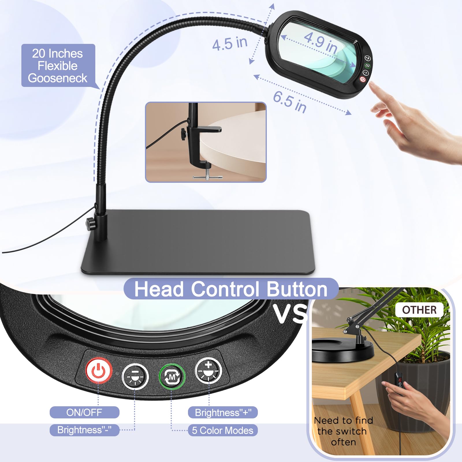 10X Square Magnifying Glass With Light And Stand, 2-In-1 Gooseneck Led Lighted Magnifier, 5 Color Modes Stepless Dimmable, Hands Free Magnifying Desk Lamp With Clamp For Reading Craft Hobby Close Work