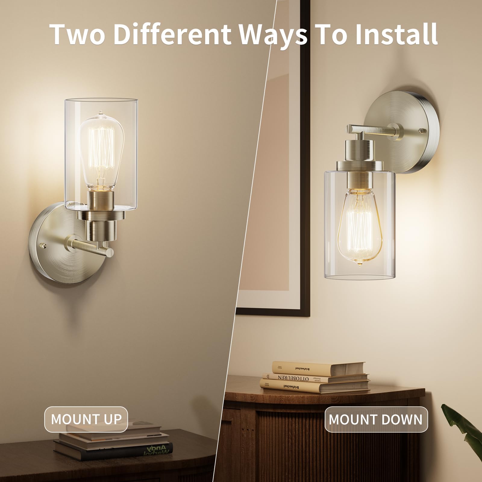 Buthy Bathroom Wall Sconces Set Of Two: Brushed Nickel Vanity Light Fixtures With E26 Base Led Cordless Indoor Wall Mount Lamp For Mirror Bedroom Hallway Stairway Modern Decor Lighting