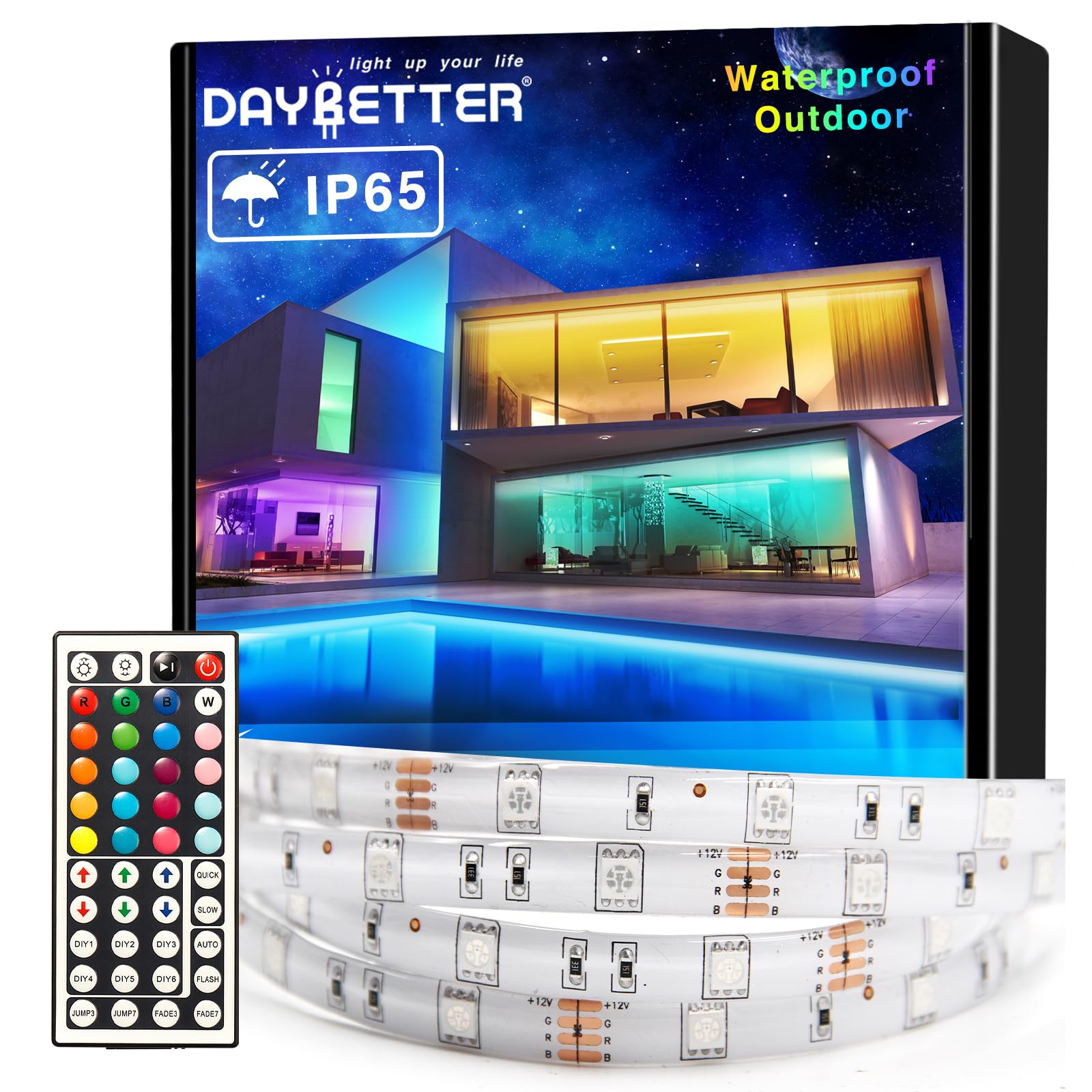 DAYBETTER LED Strip Lights, 32.8ft Multicolor, 300 LEDs, Remote Control, Model FS-553, Waterproof for Indoor/Outdoor Use