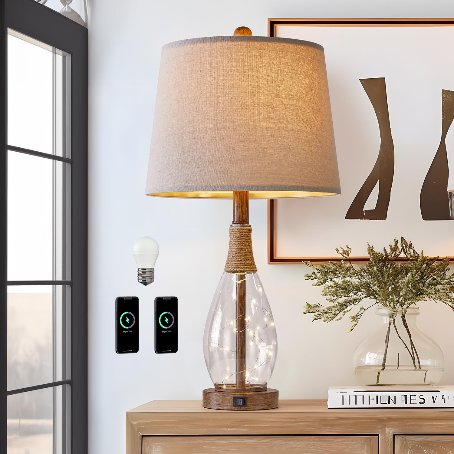 OYEARS 23 USB A+C Table Lamps for Bedroom Living Room Modern Bedside Lamps Retro Farmhouse Rattan Glass Nightstand Nightlight Lamps Two Light Points