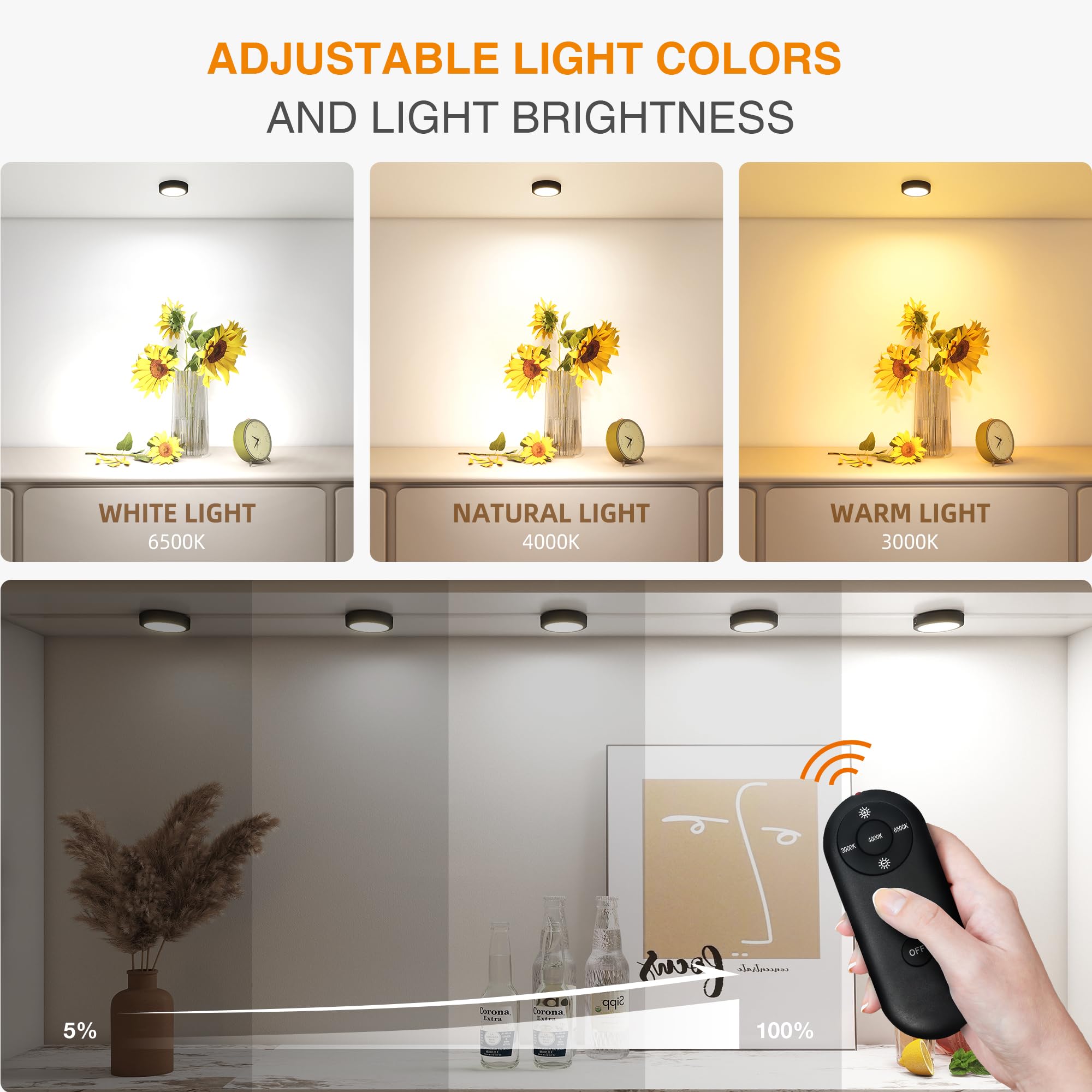 MICLIONLED Rechargeable Puck Lights, Remote Control, 3 Color Temperatures, 2 Pack, Black, Model M3-G17, Plastic, Under Cabinet Lighting