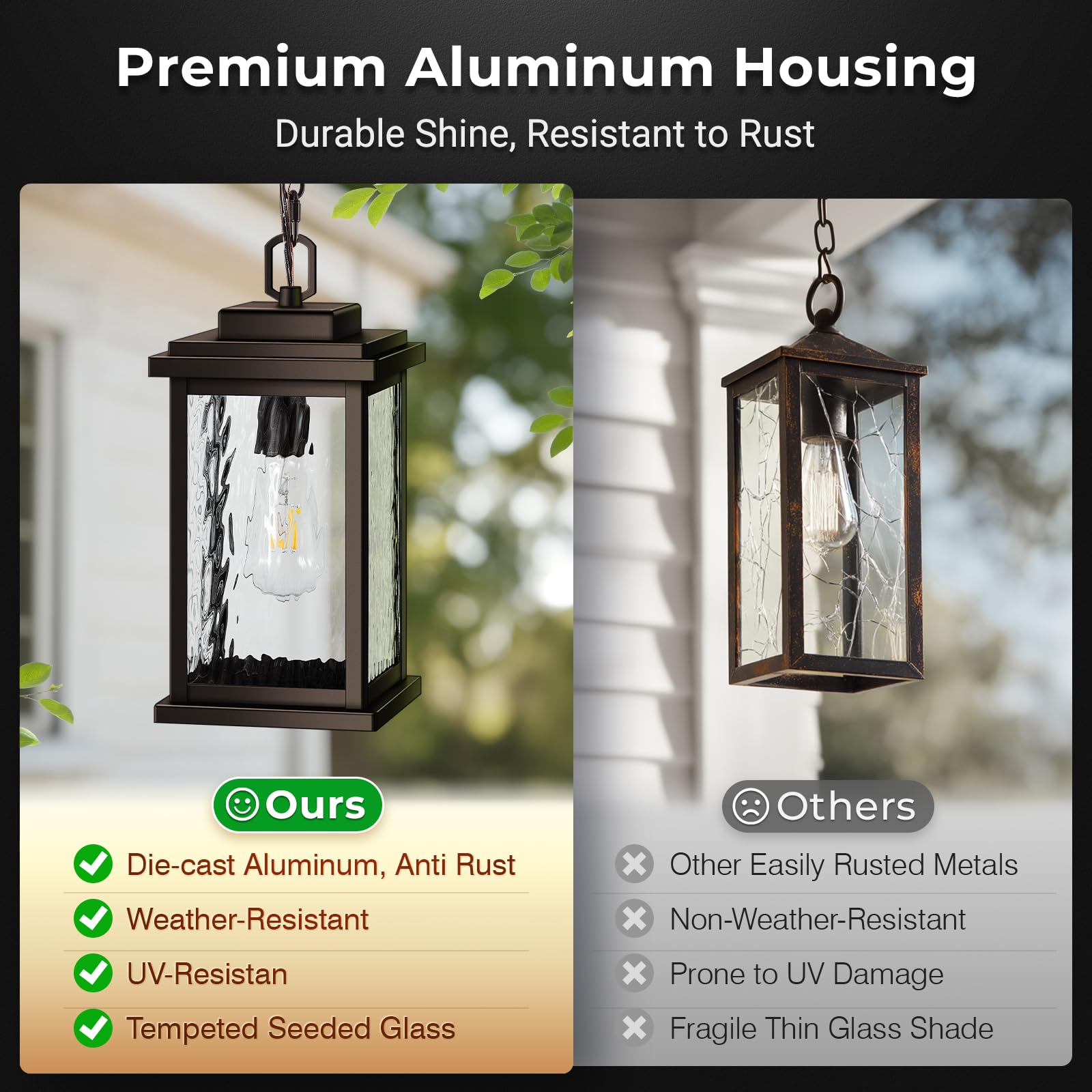 VIANIS Bronze Large Outdoor Pendant Light Fixture, Waterproof Aluminum Lantern with Water Glass, Model V8301M, Easy Installation