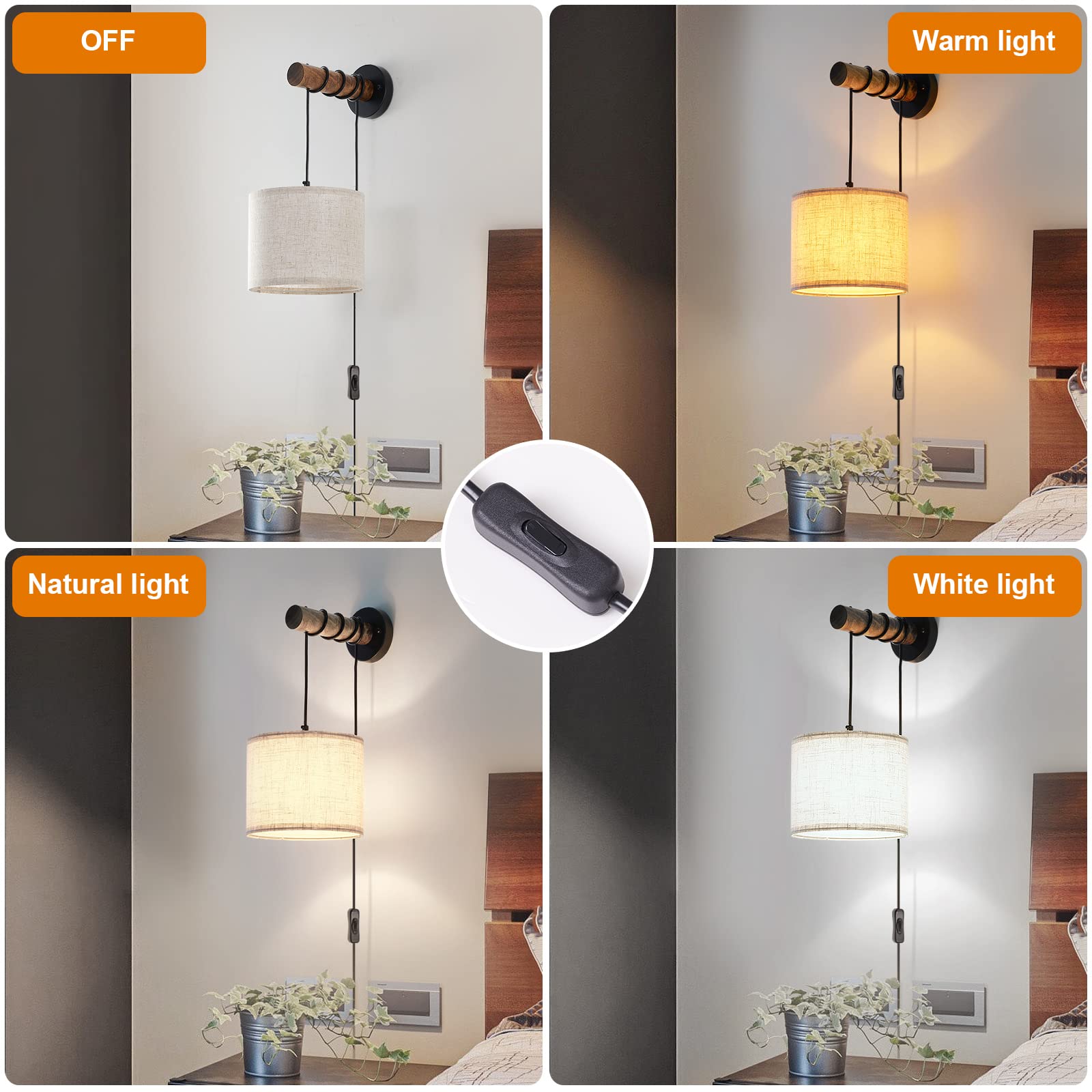 XSDeTu Wall Sconces Set of Two, Rustic Plug-In Lamps with Wood Arm & Fabric Shade, White, Perfect for Bedroom & Living Room