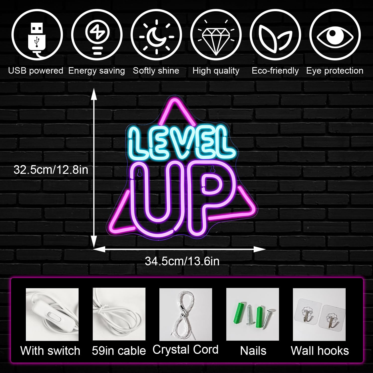 Horseneon Neon Sign for Wall Decor, USB Powered LED Light, Level Up Color, Perfect for Game Room or Game Zone