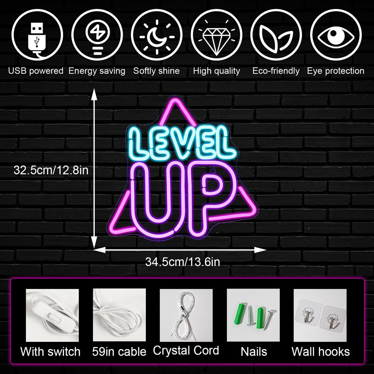 Horseneon Neon Sign for Wall Decor, USB Powered LED Light, Level Up Co ...