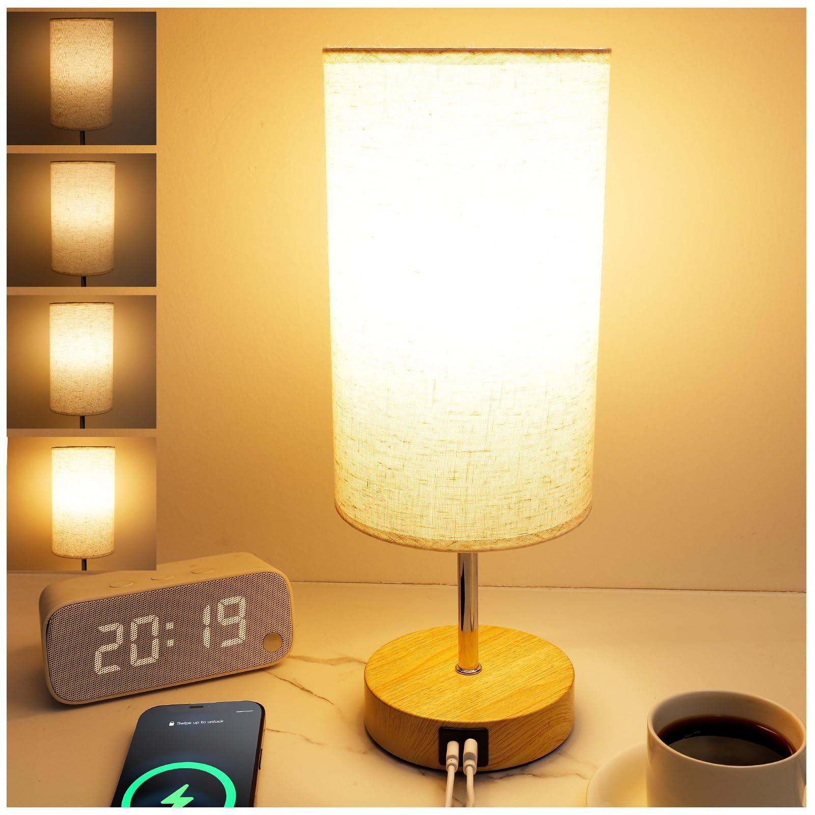 Bedside Table Lamp for Bedroom - 4 Way Dimmable Touch Lamp with USB and Type-C Charge Port, Small Wood Base Round Flaxen Fabric 