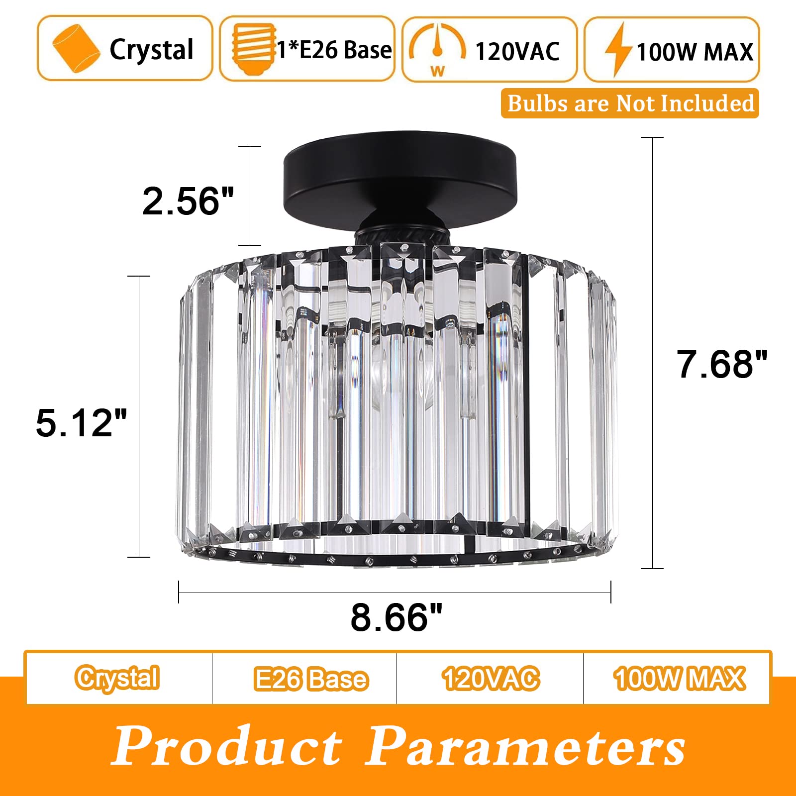 BUXVRCS Semi Flush Mount Chandelier, Crystal Ceiling Light, Black, Model SJD-45, Ideal for Living Room, Bedroom, Hallway, Kitchen
